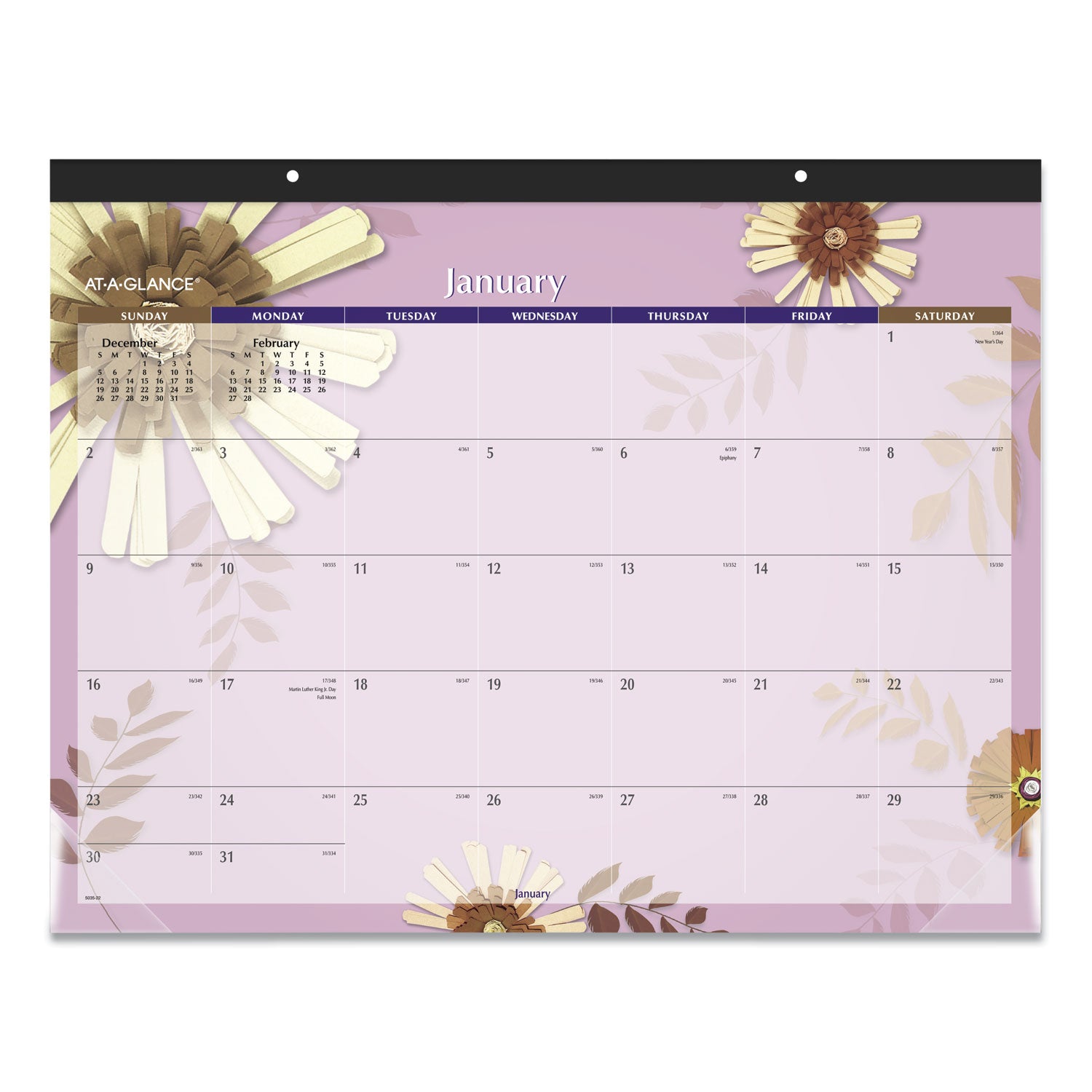 Paper Flowers Desk Pad, Floral Artwork, 22 x 17, Black Binding, Clear Corners, 12-Month (Jan to Dec): 2025