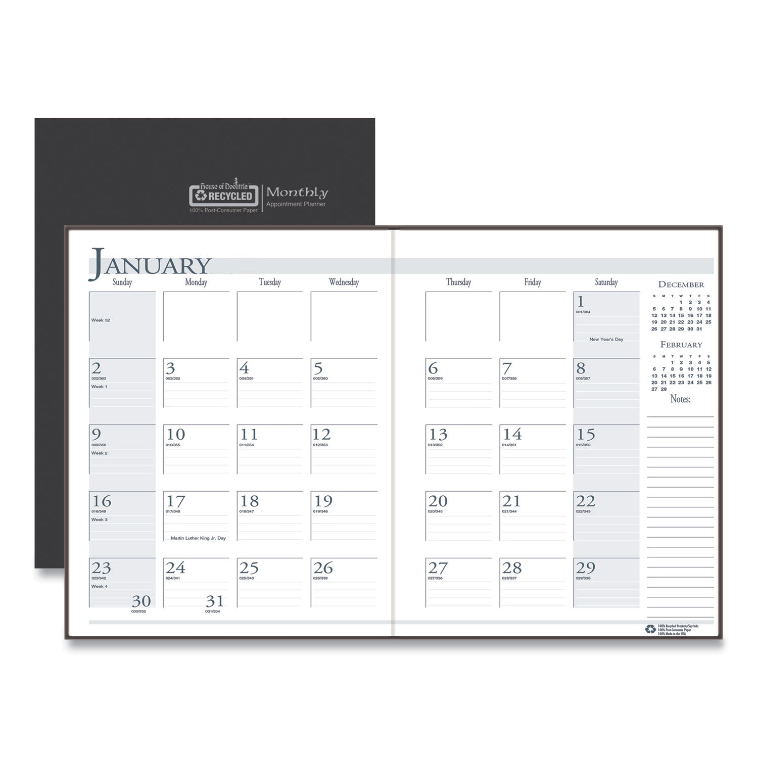 Recycled Ruled 14-Month Planner with Leatherette Cover, 11 x 8.5, Black Cover, 14-Month: Dec 2024 to Jan 2026