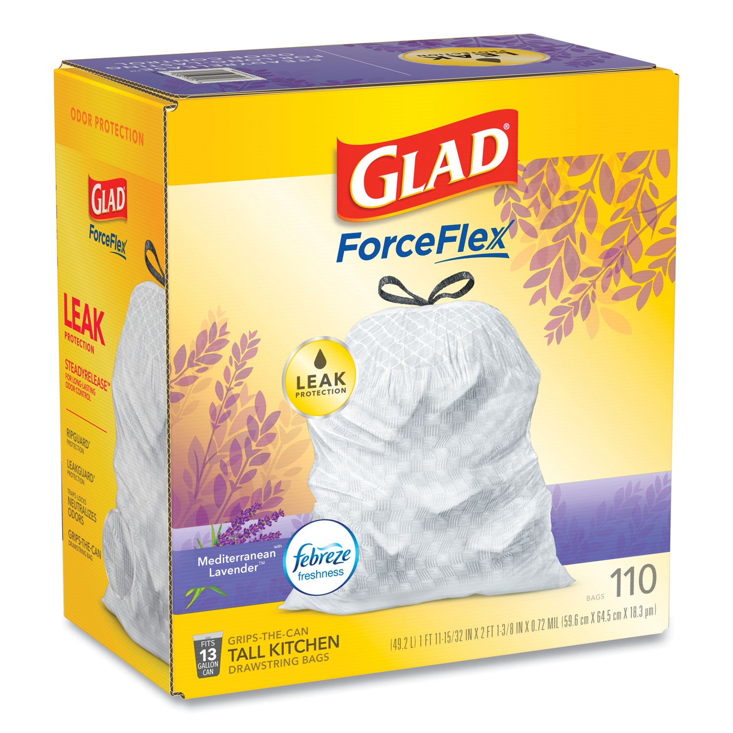 Glad OdorShield with Febreze, Drawstring, 13 gal, Mediterranean Lavender Scent, 10.18" x 9.81", White, 110/Box Glad® Flipcost