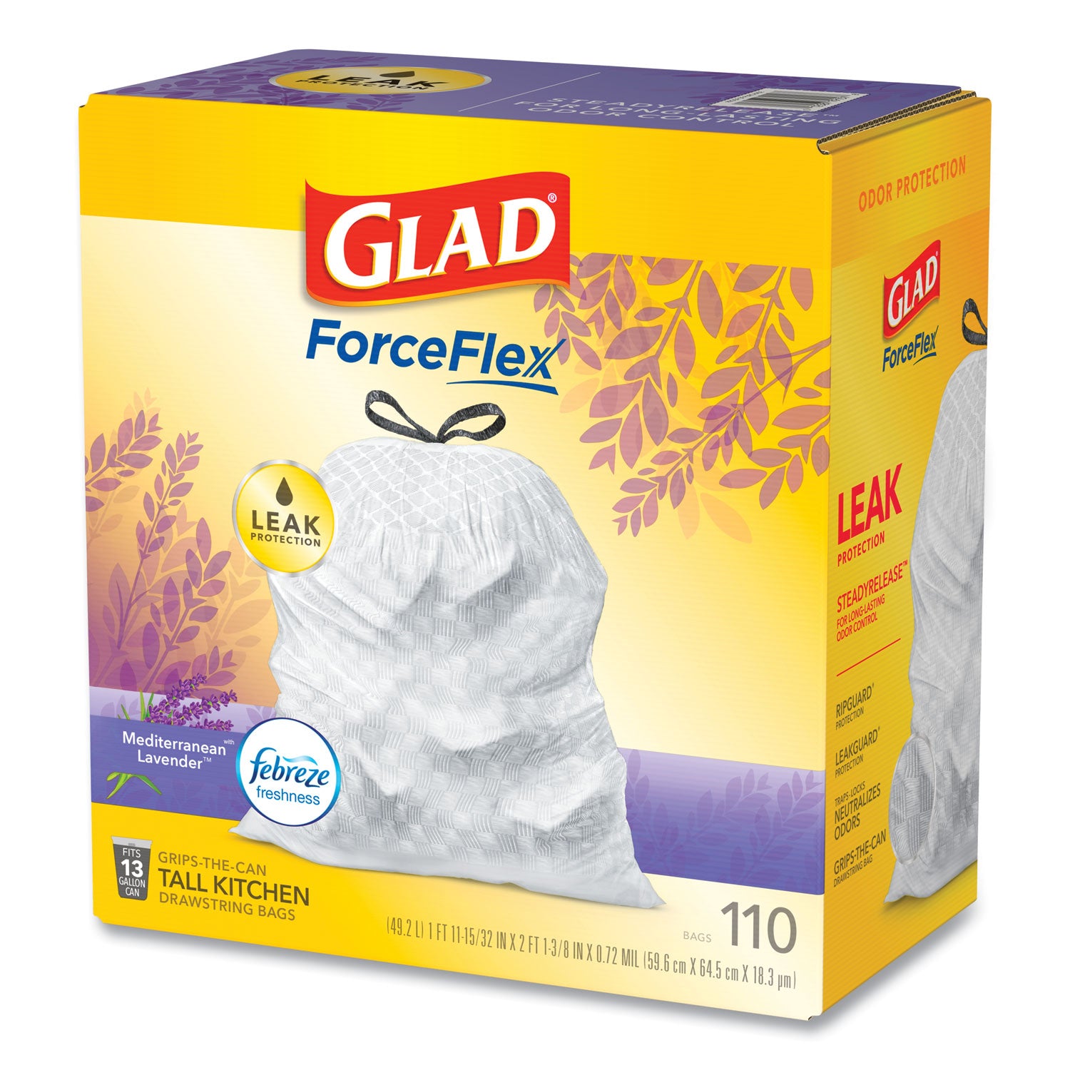 Glad OdorShield with Febreze, Drawstring, 13 gal, Mediterranean Lavender Scent, 10.18" x 9.81", White, 110/Box Glad® Flipcost