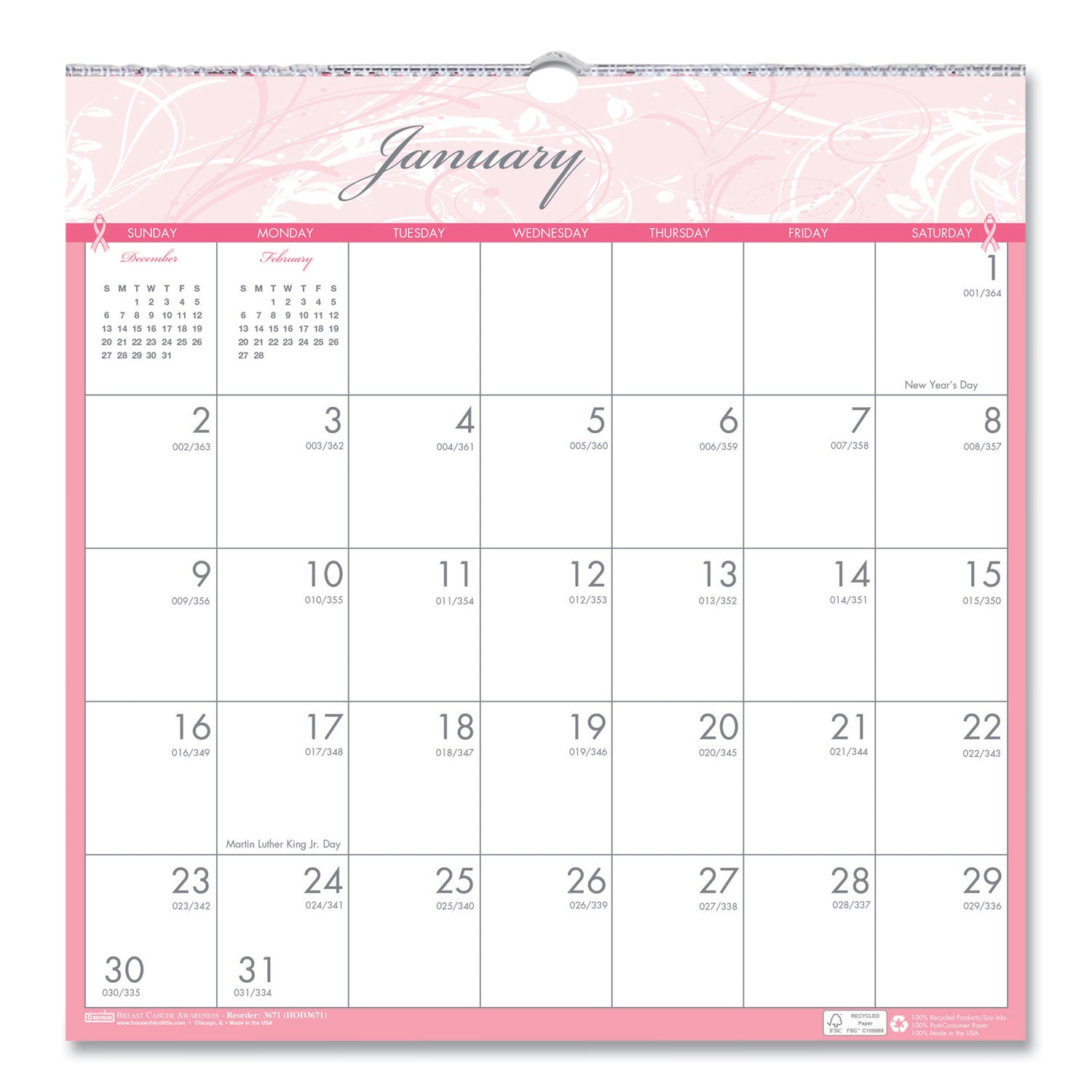 Recycled Monthly Wall Calendar, Breast Cancer Awareness Artwork, 12 x 12, White/Pink/Gray Sheets, 12-Month (Jan-Dec): 2025