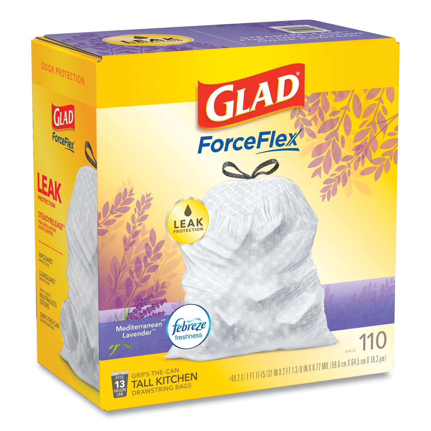 Glad OdorShield with Febreze, Drawstring, 13 gal, Mediterranean Lavender Scent, 10.18" x 9.81", White, 110/Box Glad® Flipcost