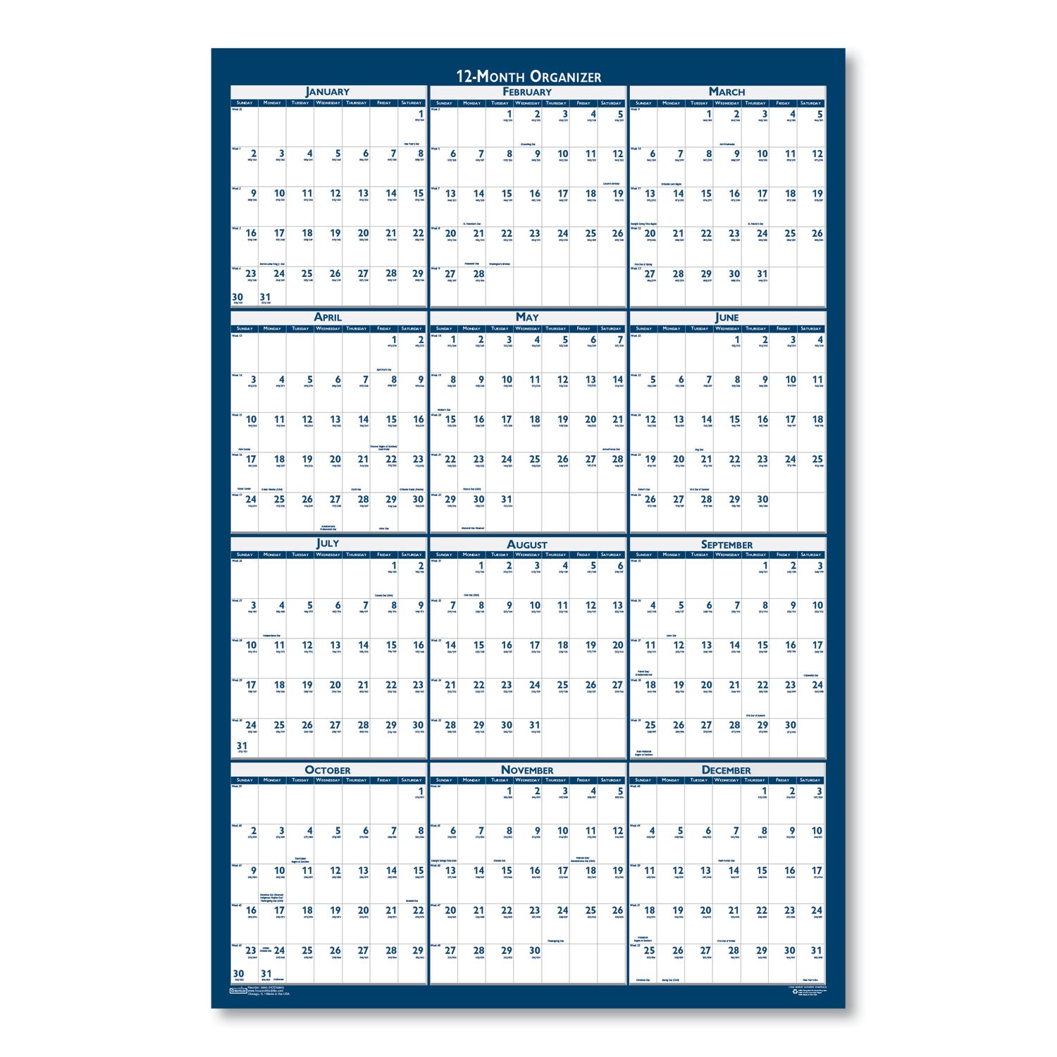 House of Doolittle™ Recycled Poster Style Reversible/Erasable Yearly Wall Calendar, 32 x 48, White/Blue/Gray Sheets, 12-Month (Jan to Dec): 2025