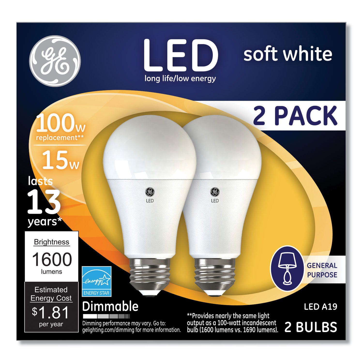 100W LED Bulbs, A19, 15 W, Soft White, 2/Pack