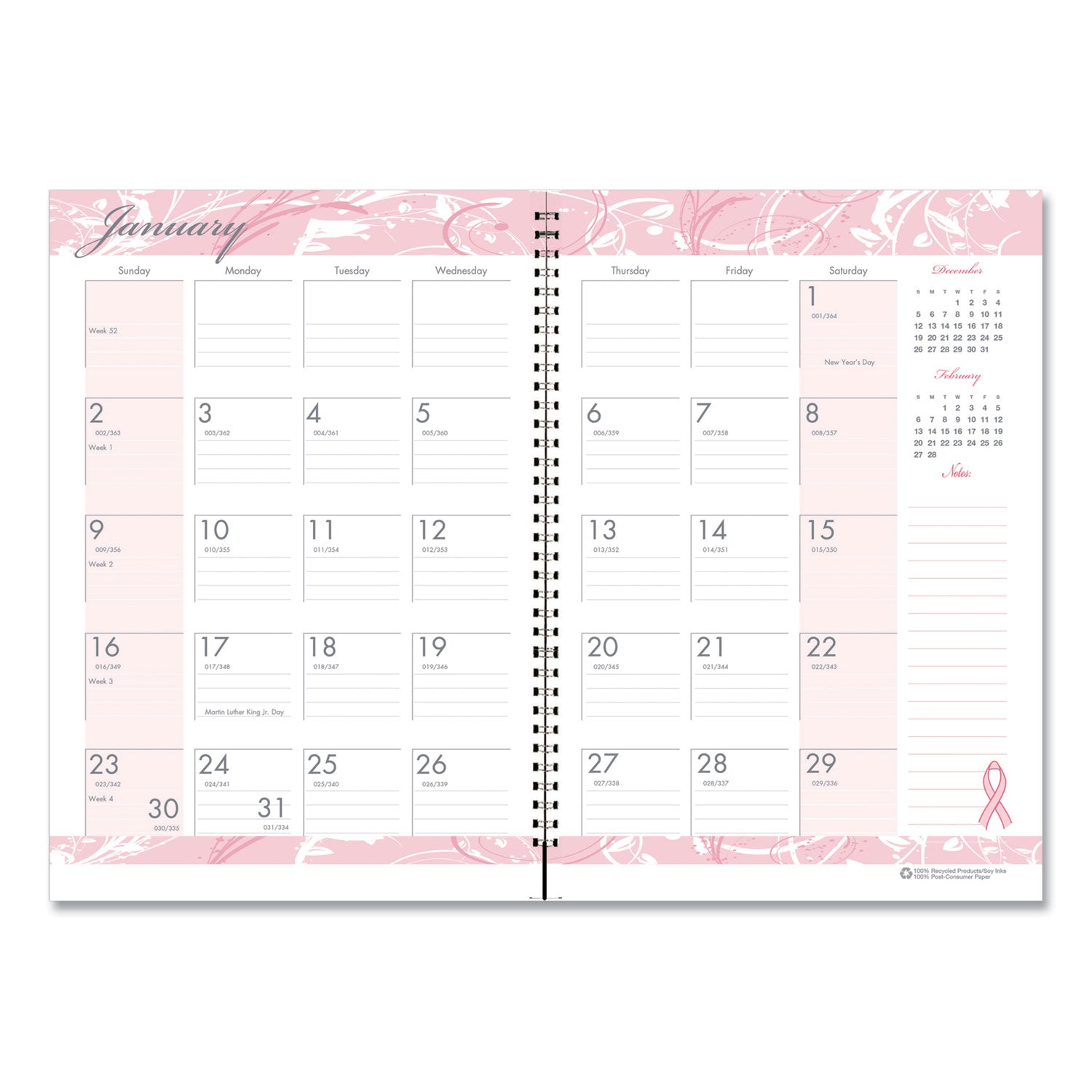 House of Doolittle™ Breast Cancer Awareness Recycled Ruled Monthly Planner/Journal, 10 x 7, Pink Cover, 12-Month (Jan to Dec): 2025