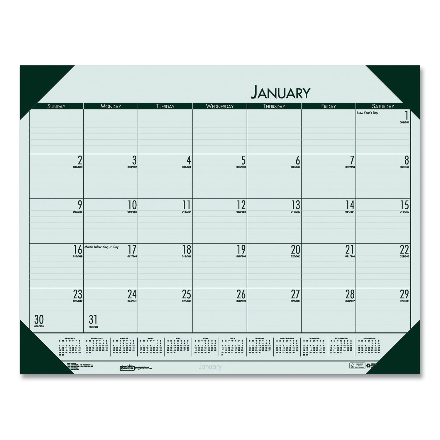 EcoTones Recycled Monthly Desk Pad Calendar, 22 x 17, Green-Tint/Woodland Green Sheets/Corners, 12-Month (Jan to Dec): 2025