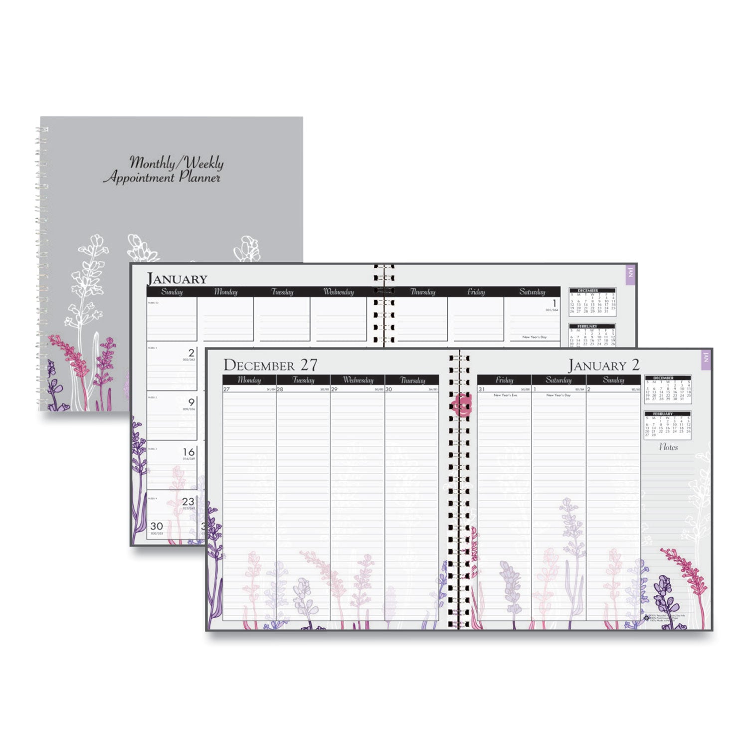 Recycled Wild Flower Weekly/Monthly Planner, Wild Flowers Artwork, 9 x 7, Gray/White/Purple Cover, 12-Month (Jan-Dec): 2025