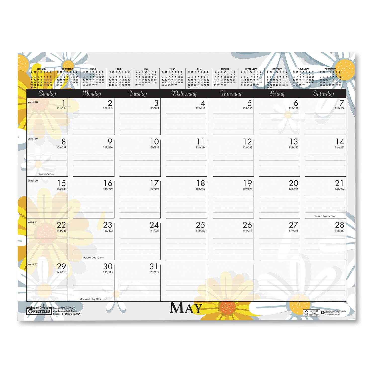 House of Doolittle™ Recycled Wild Flower Wall Calendar, Wild Flowers Artwork, 15 x 12, White/Multicolor Sheets, 12-Month (Jan to Dec): 2025