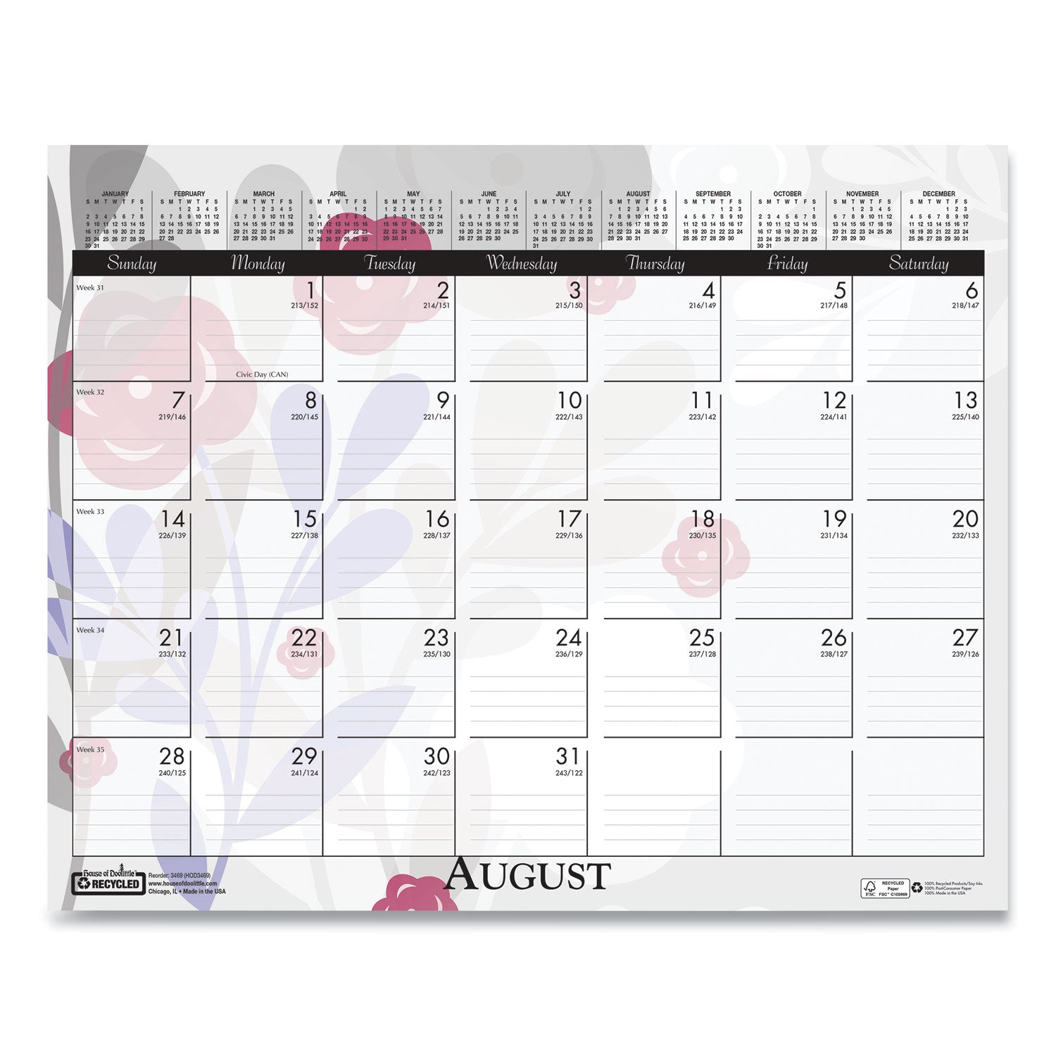 House of Doolittle™ Recycled Wild Flower Wall Calendar, Wild Flowers Artwork, 15 x 12, White/Multicolor Sheets, 12-Month (Jan to Dec): 2025