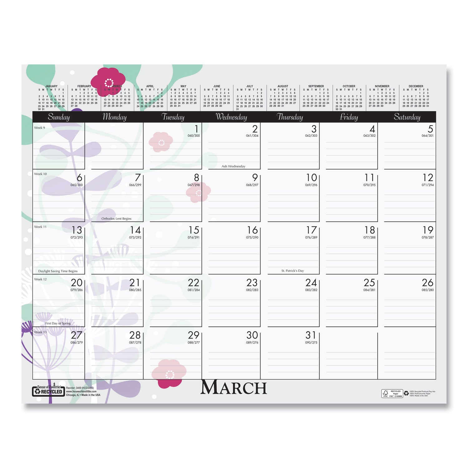 House of Doolittle™ Recycled Wild Flower Wall Calendar, Wild Flowers Artwork, 15 x 12, White/Multicolor Sheets, 12-Month (Jan to Dec): 2025