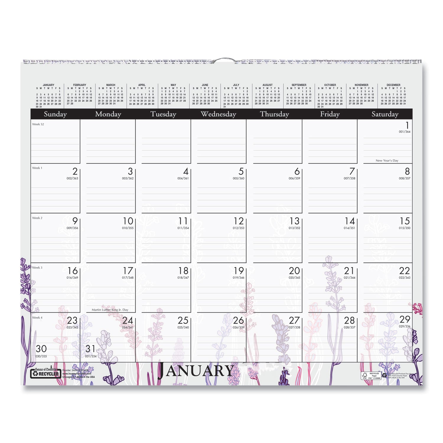 Recycled Wild Flower Wall Calendar, Wild Flowers Artwork, 15 x 12, White/Multicolor Sheets, 12-Month (Jan to Dec): 2025