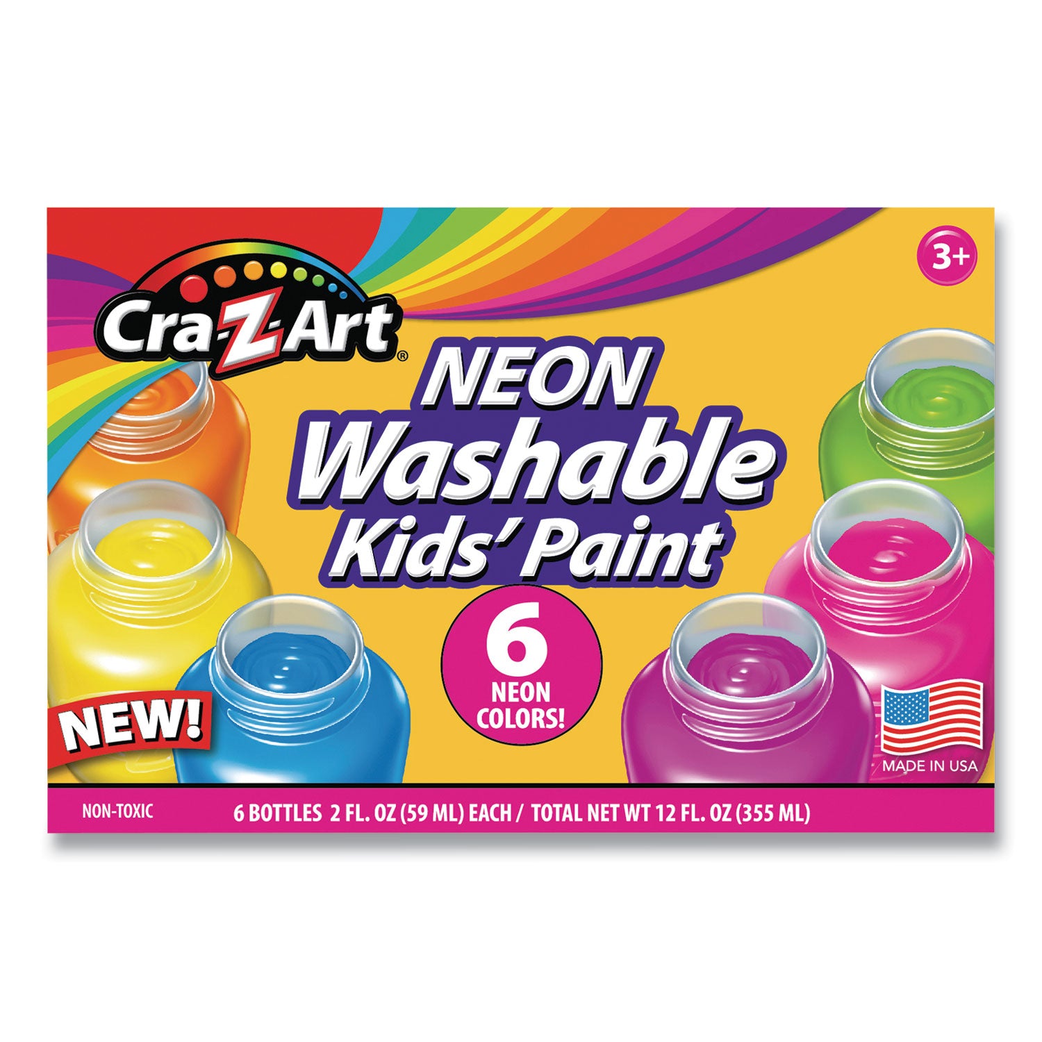 Neon Washable Kids' Paint, 6 Assorted Neon Colors, 2 oz Bottle, 6/Pack