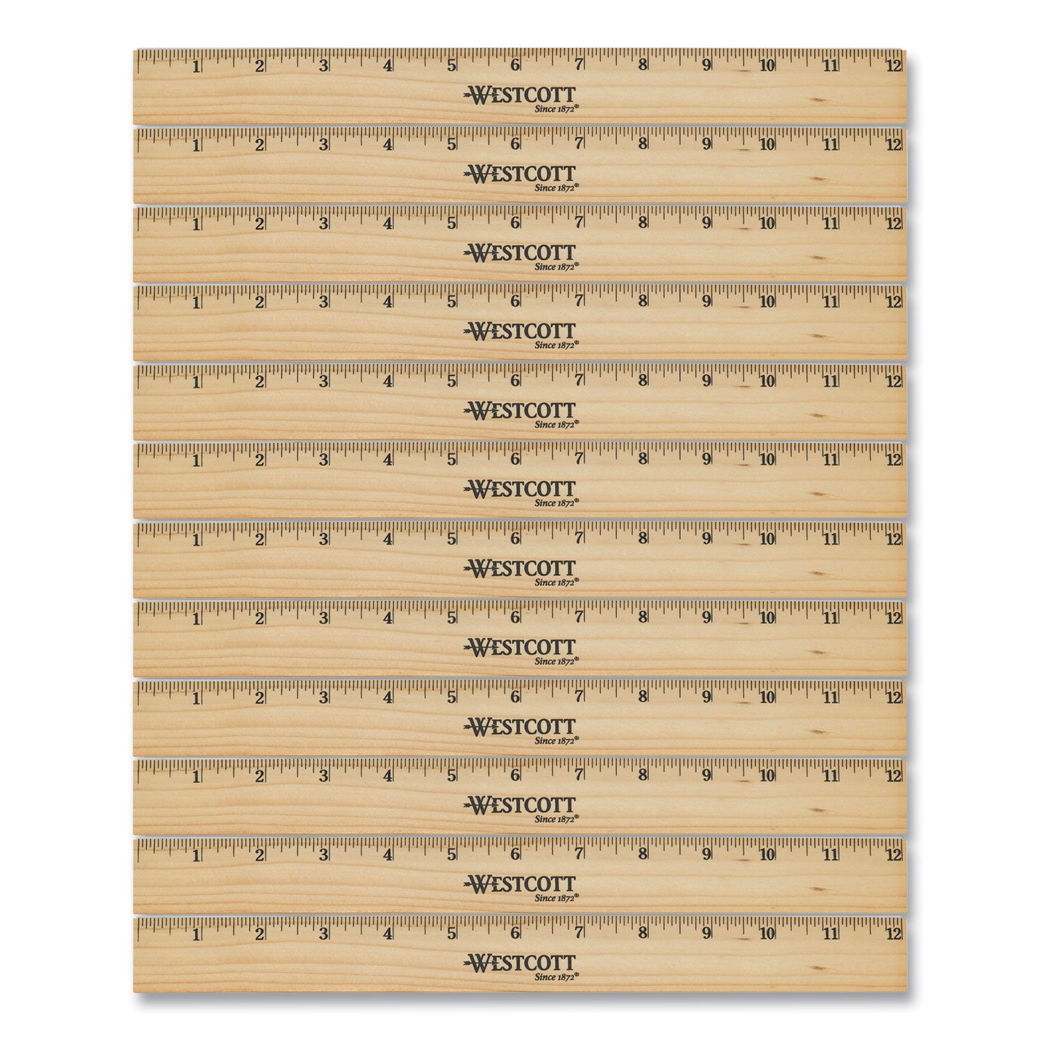 Beveled Wood Ruler, Standard, 12" Long, Natural Hardwood, 12/Pack