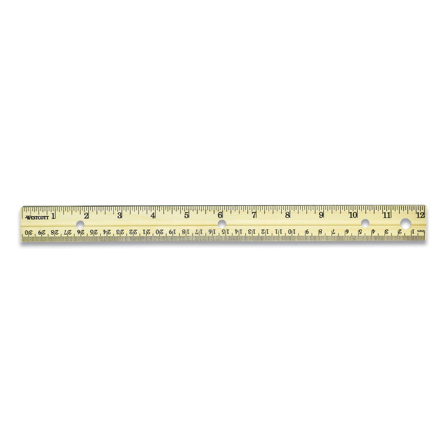 Westcott® Three-Hole Punched Wood Ruler, Standard/Metric, 12" (30 cm) Long, Natural Wood, 36/Box