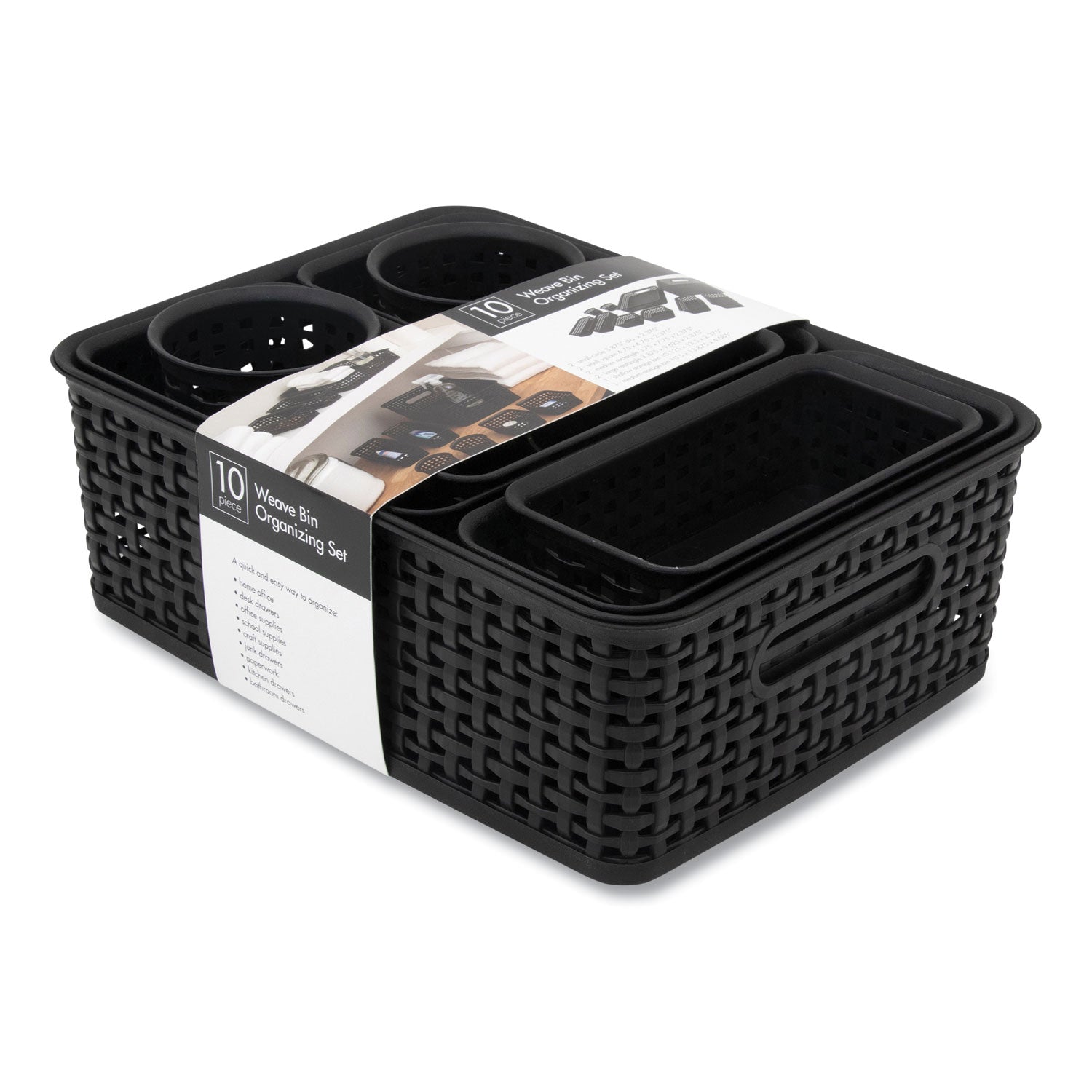 Advantus Plastic Weave Basket Bins, Assorted Sizes, Black, 10/Pack