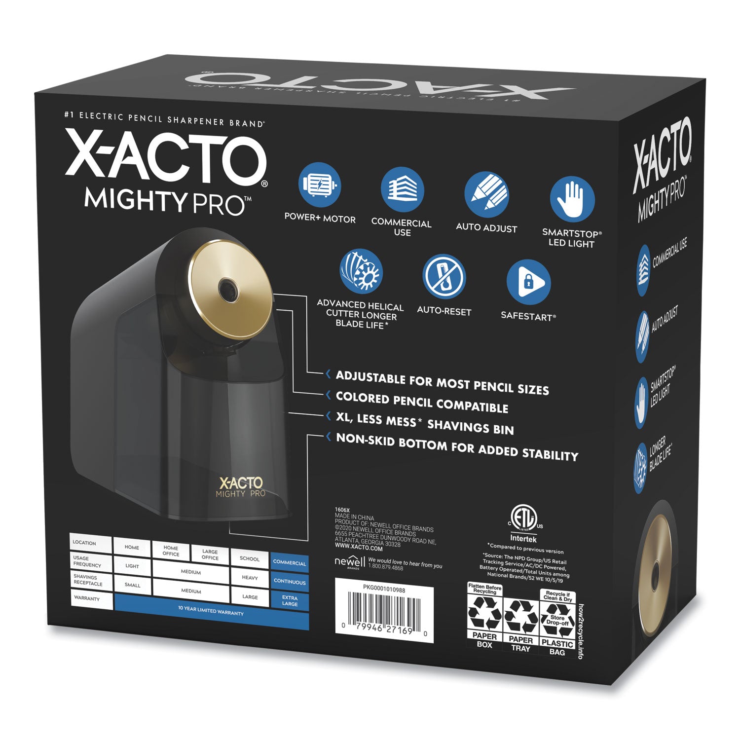 X-ACTO® Model 1606 Mighty Pro Electric Pencil Sharpener, AC-Powered, 4 x 8 x 7.5, Black/Gold/Smoke