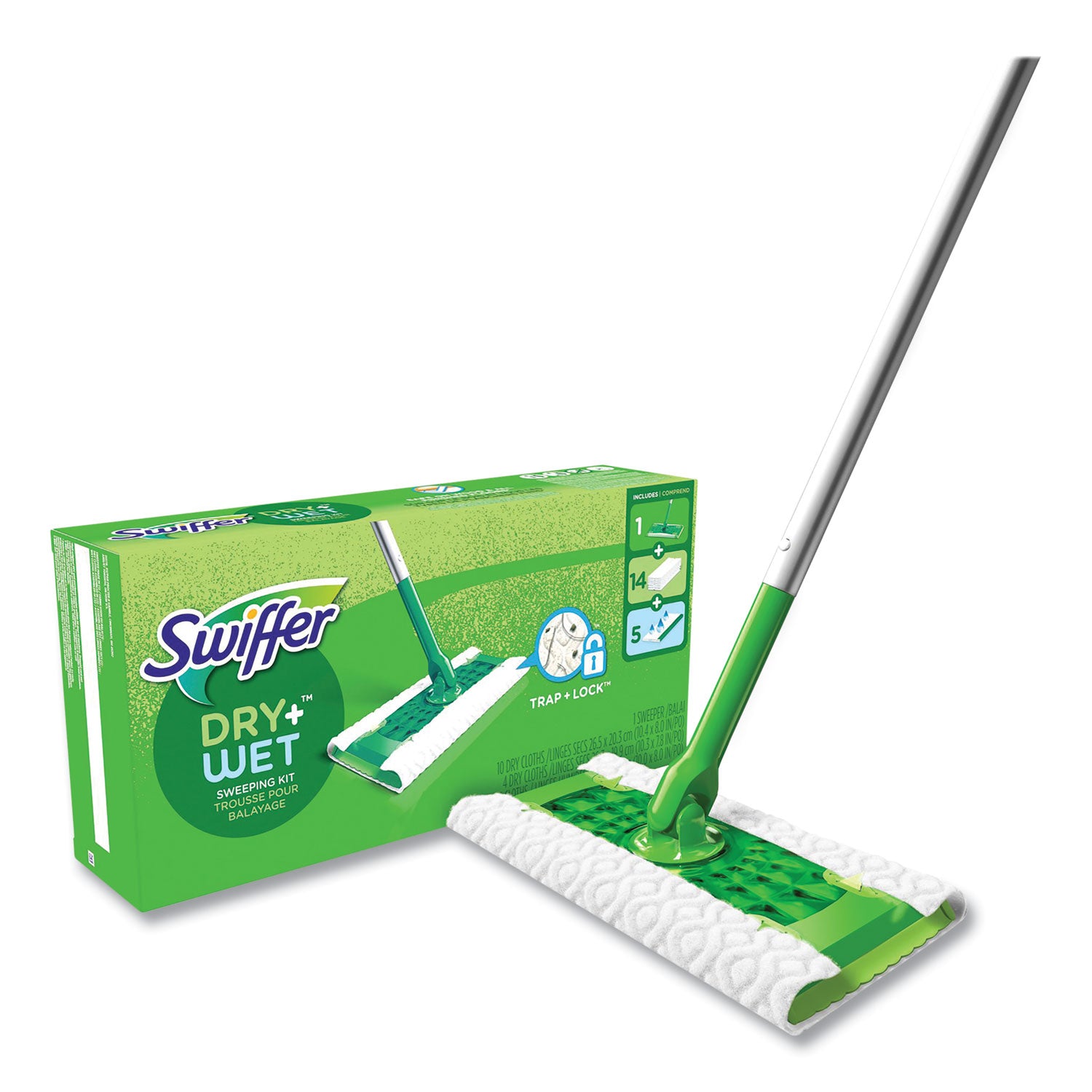 Swiffer® Sweeper Mop, 10 x 4.8 White Cloth Head, 46" Silver/Green Aluminum/Plastic Handle