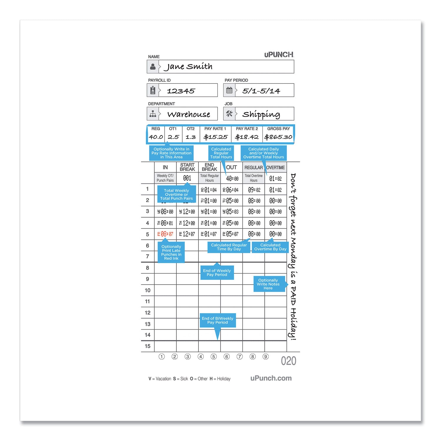 uPunch™ Time Clock Cards for uPunch HN4000, Two Sides, 7.37 x 3.37, 50/Pack