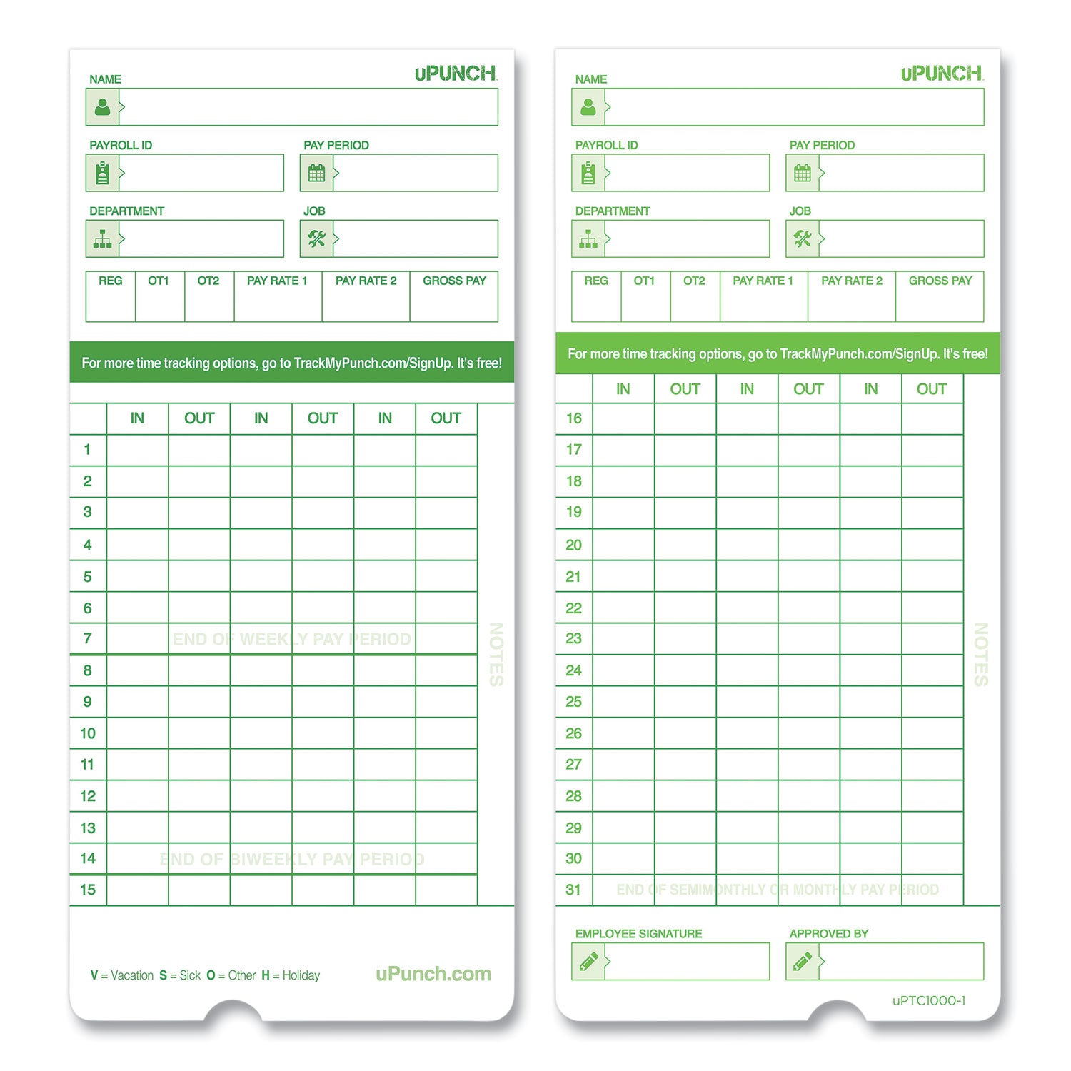 uPunch™ Time Clock Cards for uPunch HN3000, Two Sides, 7.37 x 3.37, 50/Pack