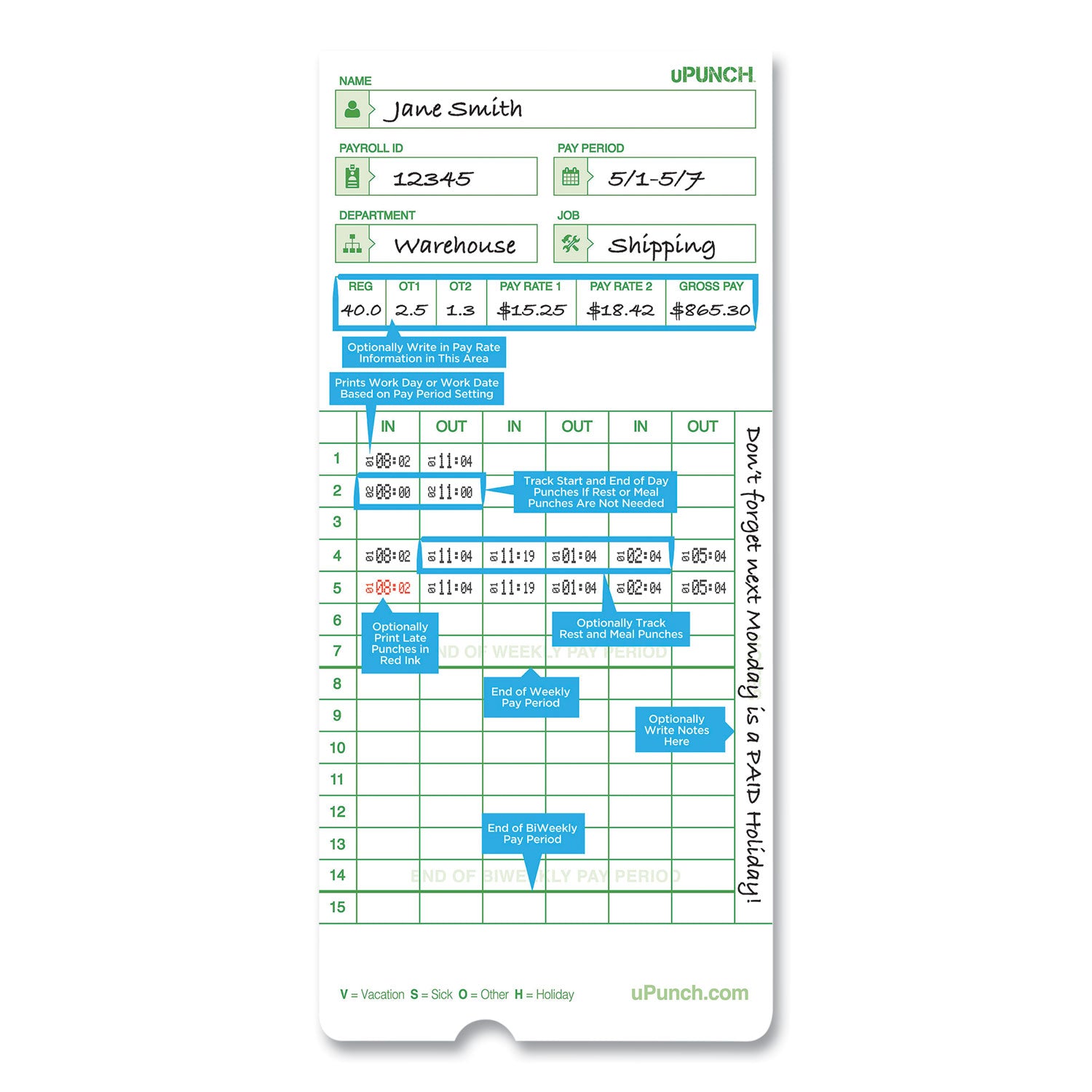 uPunch™ Time Clock Cards for uPunch HN3000, Two Sides, 7.37 x 3.37, 50/Pack