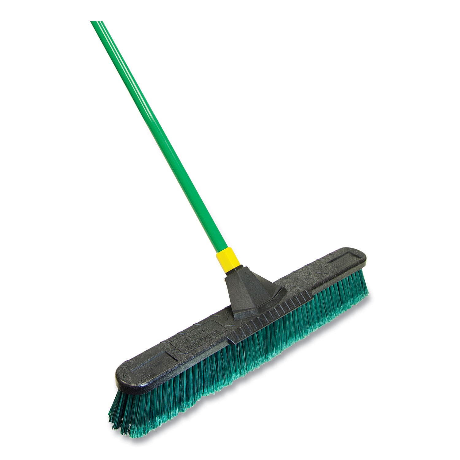 Quickie® Bulldozer Multisurface Pushbroom with Scraper Block, 24 x 60, Powder Coated Steel Handle, Green/Black/Yellow