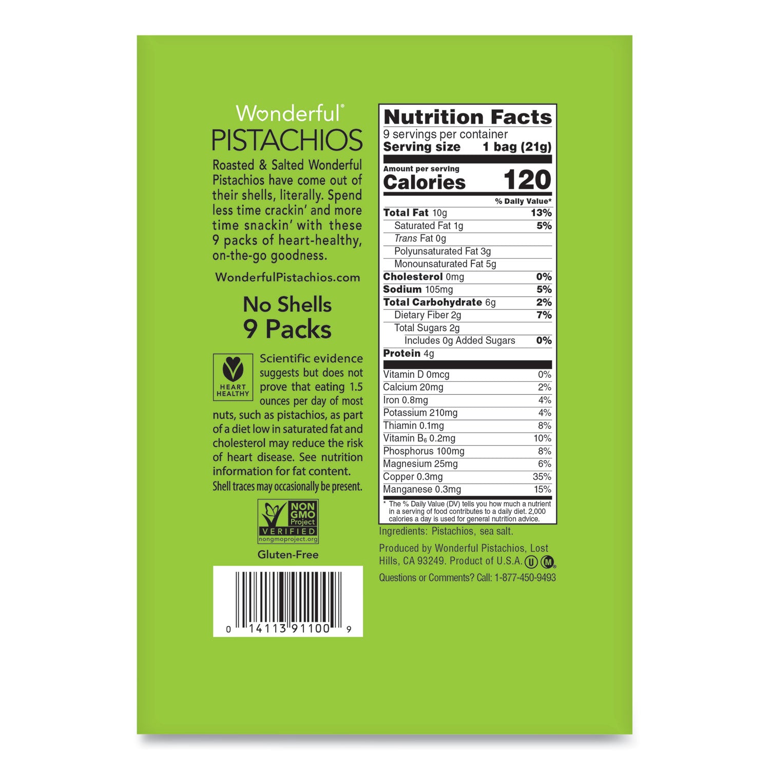 Wonderful No Shells Pistachios, Roasted and Salted, 0.75 oz Bag, 9 Bags/Box, 4 Boxes/Carton Paramount Farms® Flipcost