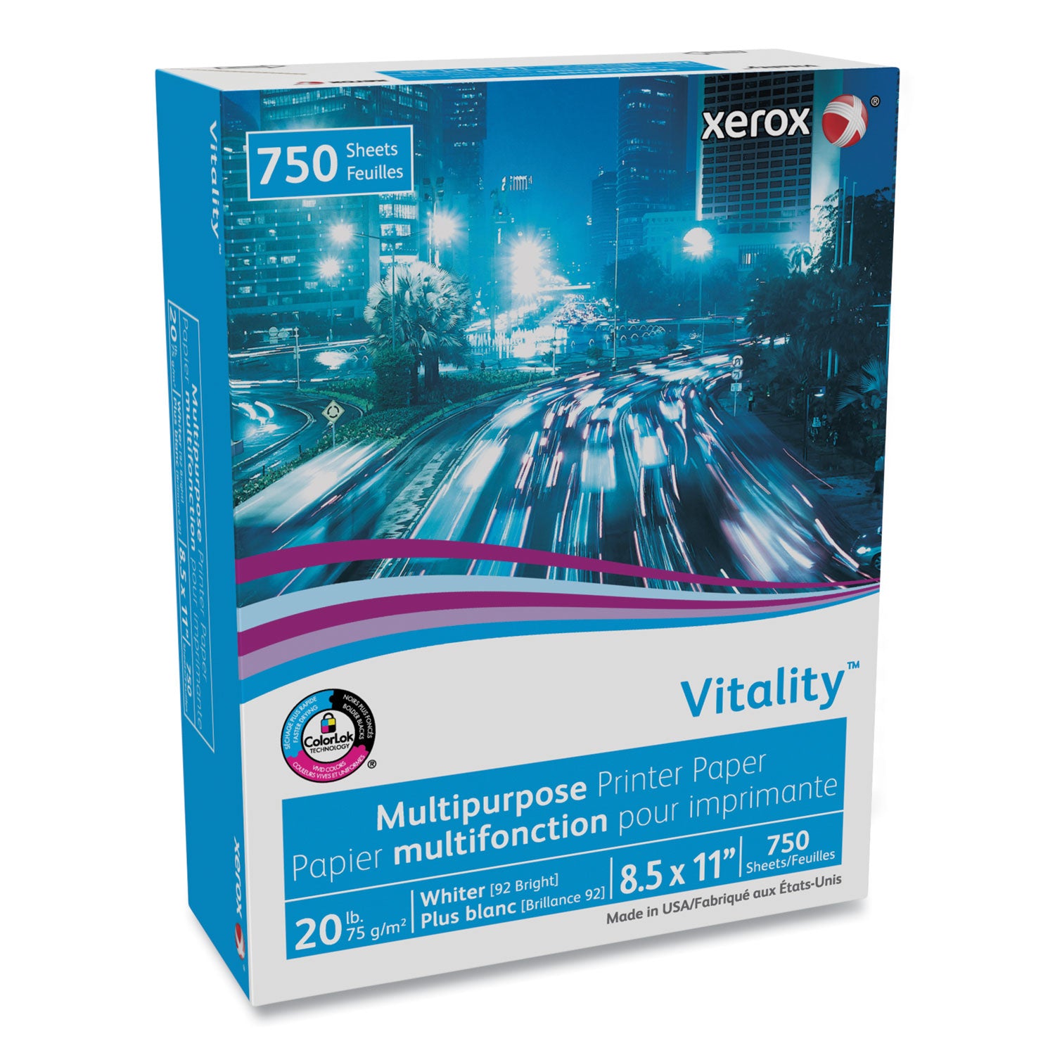 xerox™ Vitality Multipurpose Print Paper, 92 Bright, 20 lb Bond Weight, 8.5 x 11, White, 750 Sheets/Ream