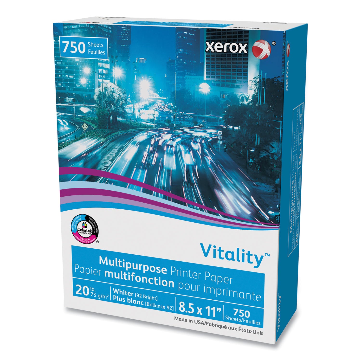 xerox™ Vitality Multipurpose Print Paper, 92 Bright, 20 lb Bond Weight, 8.5 x 11, White, 750 Sheets/Ream