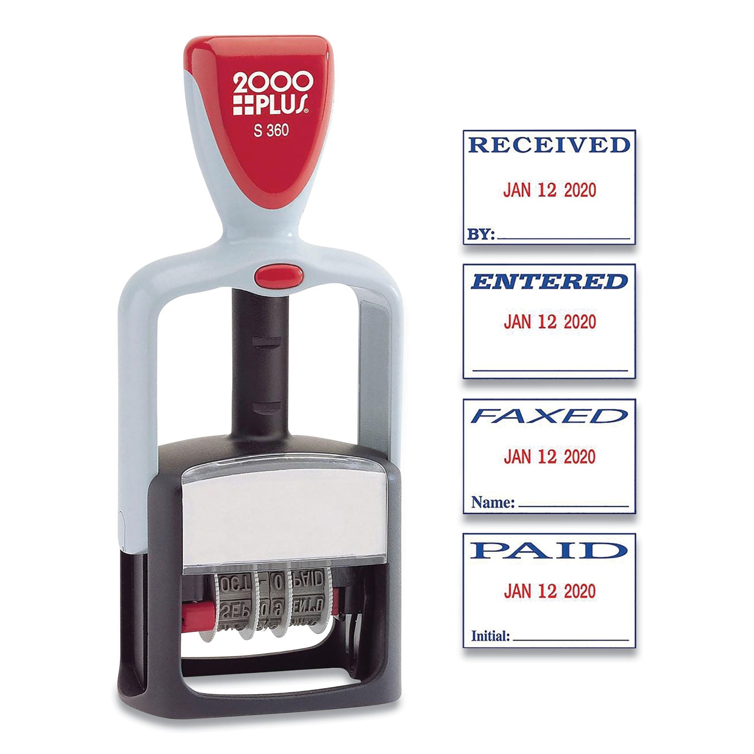 Model S 360 Self-Inking Two-Color Message Dater, 5 Years, ENTERED/FAXED/PAID/RECEIVED, 1.81" x 1.25", Blue/Red Ink