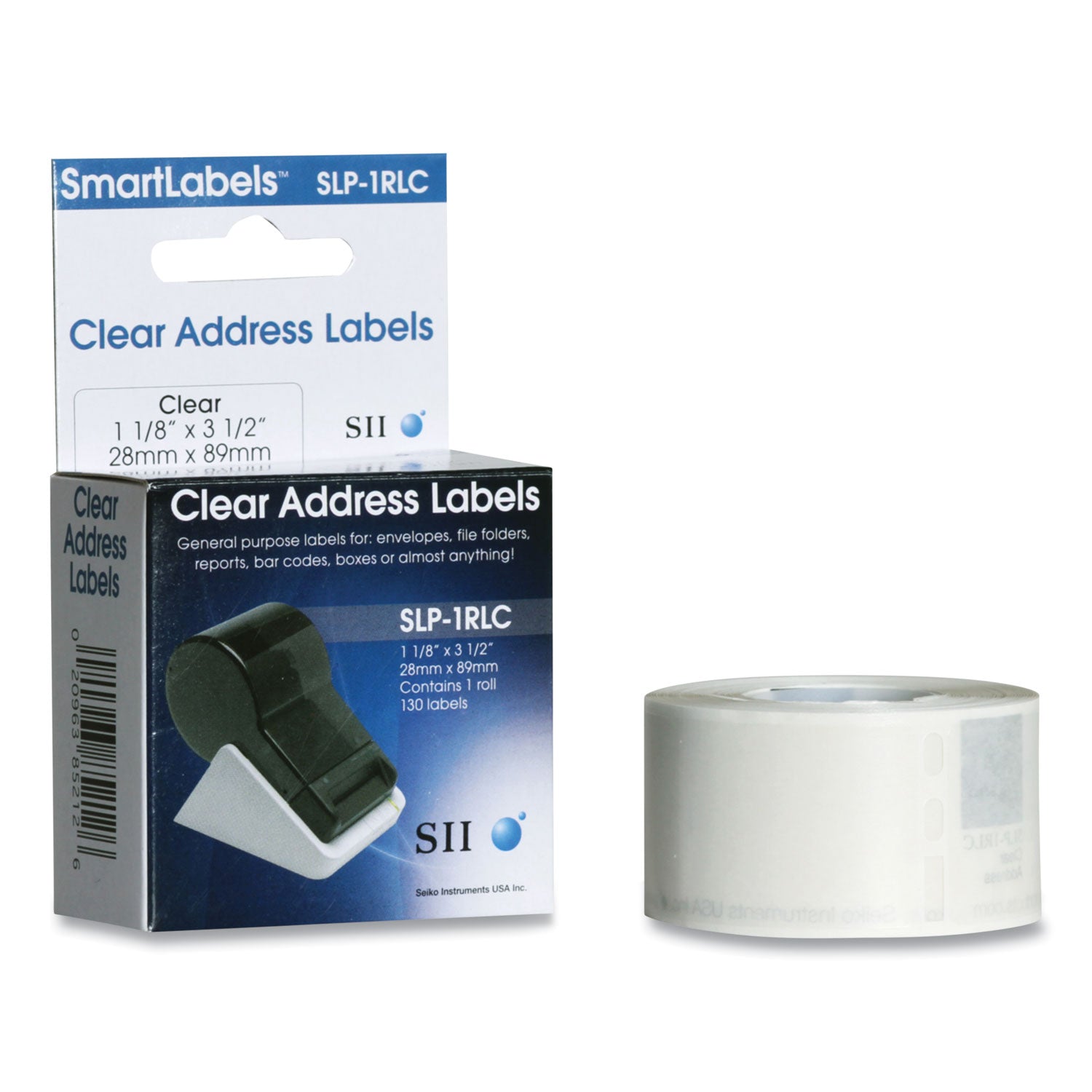 SLP-2RLC Self-Adhesive Address Labels, 1.12" x 3.5", Clear, 130 Labels/Roll, 2 Rolls/Box