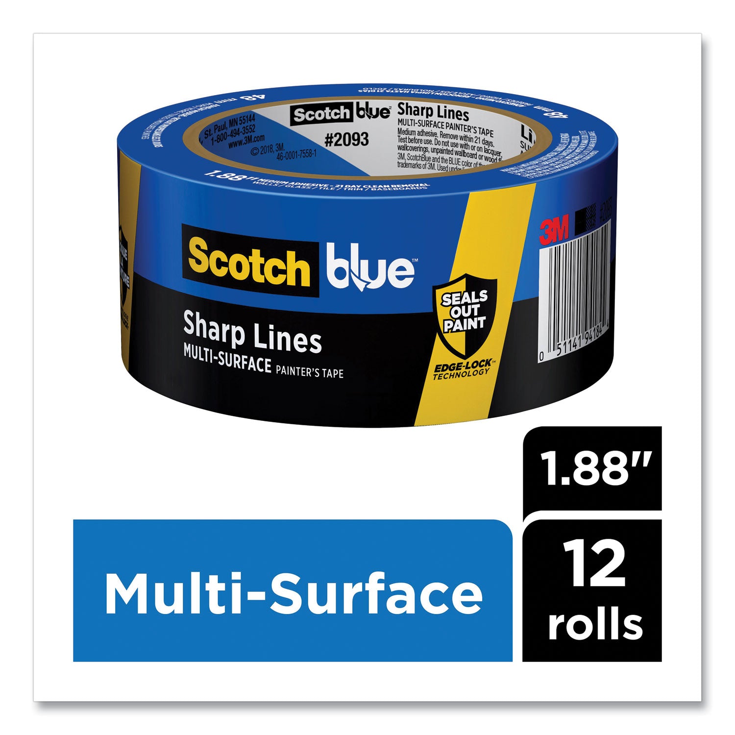 ScotchBlue™ Sharp Lines Multi-Surface Painter's Tape, 3" Core, 1.88" x 60 yds, Blue