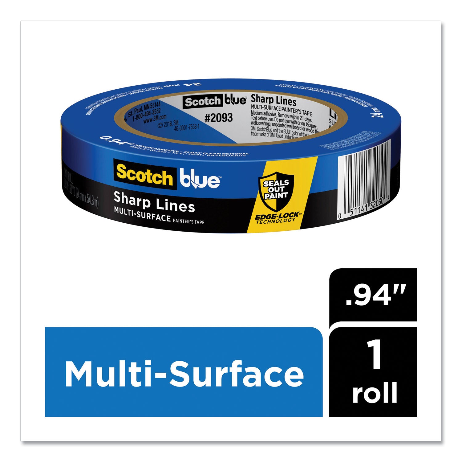 ScotchBlue™ Sharp Lines Multi-Surface Painter's Tape, 3" Core, 0.94" x 60 yds, Blue