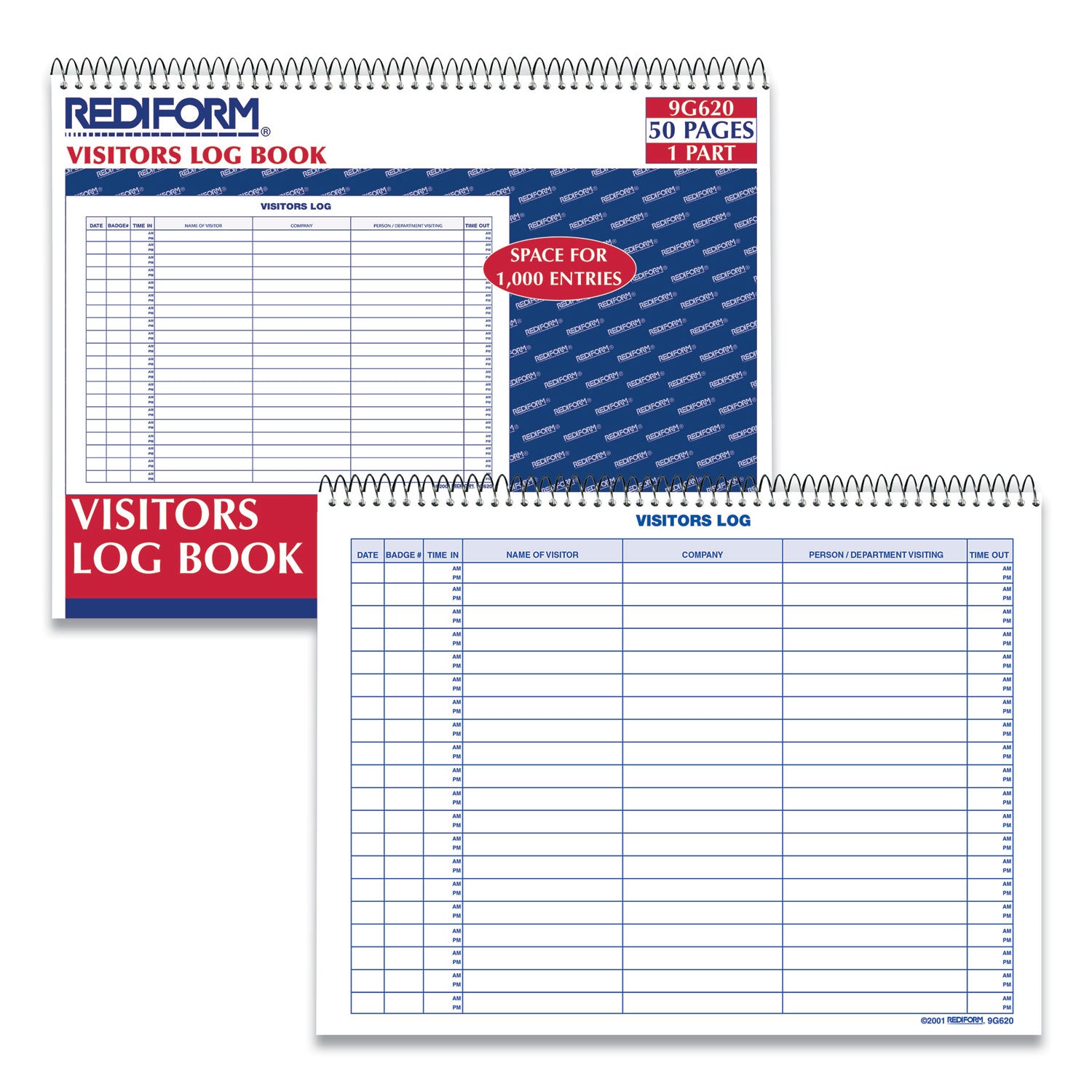 Visitors Log Book, Blue/White/Red Cover, 11 x 8.5 Sheets, 50 Sheets/Book