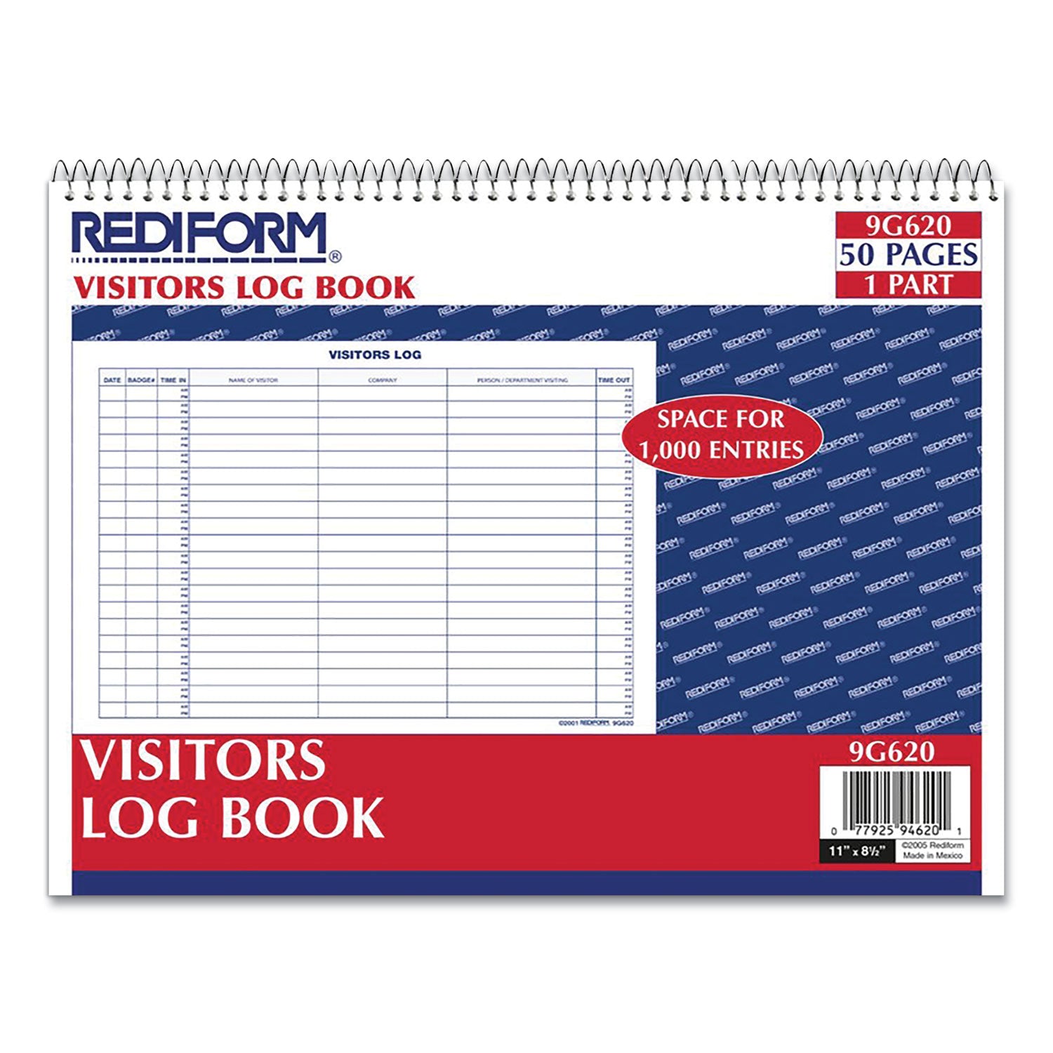 Rediform® Visitors Log Book, Blue/White/Red Cover, 11 x 8.5 Sheets, 50 Sheets/Book