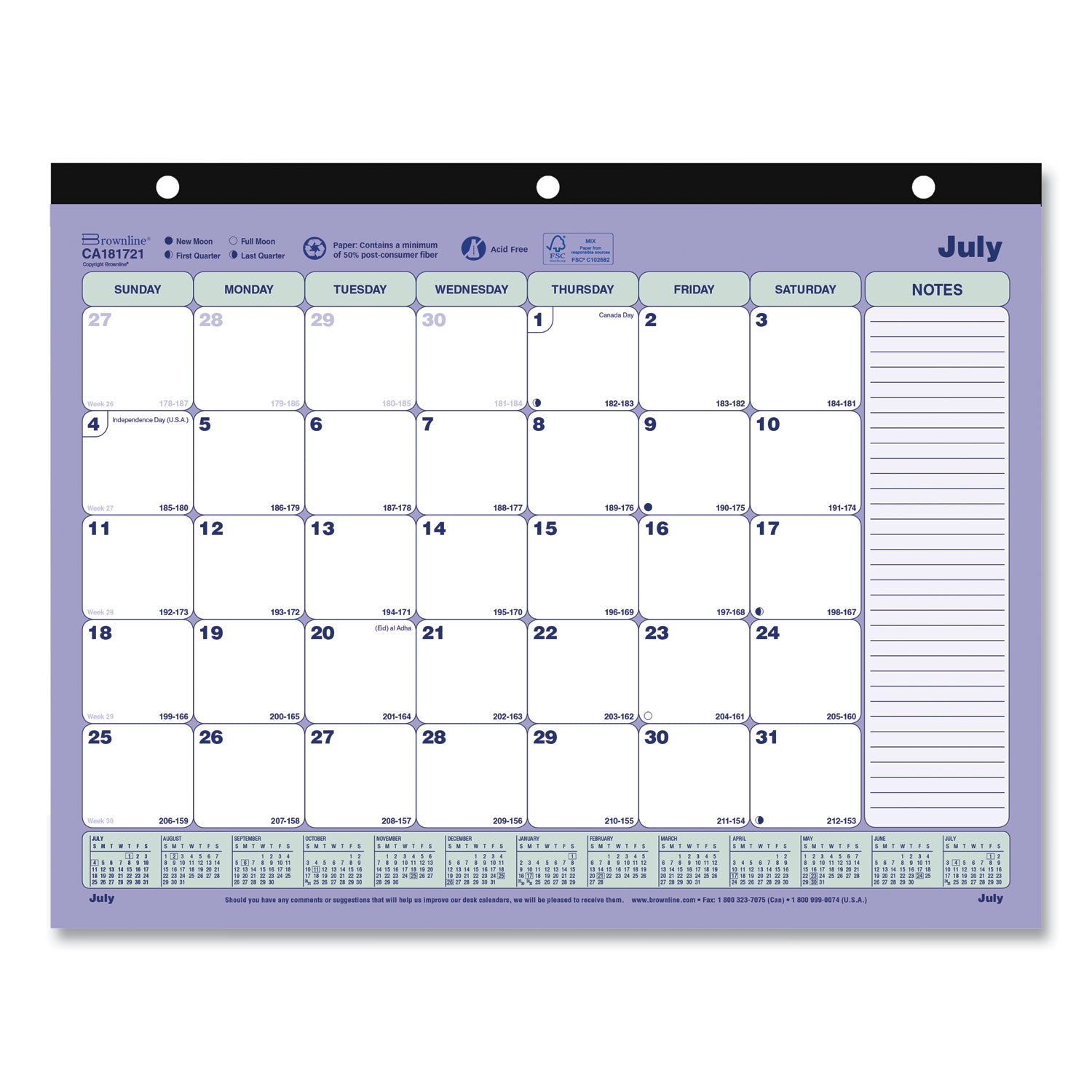 Academic 13-Month Binder-Insertable Desk Pad Calendar, 11 x 8.5, White/Blue/Green Sheets, 13-Month (July to July): 2024-2025