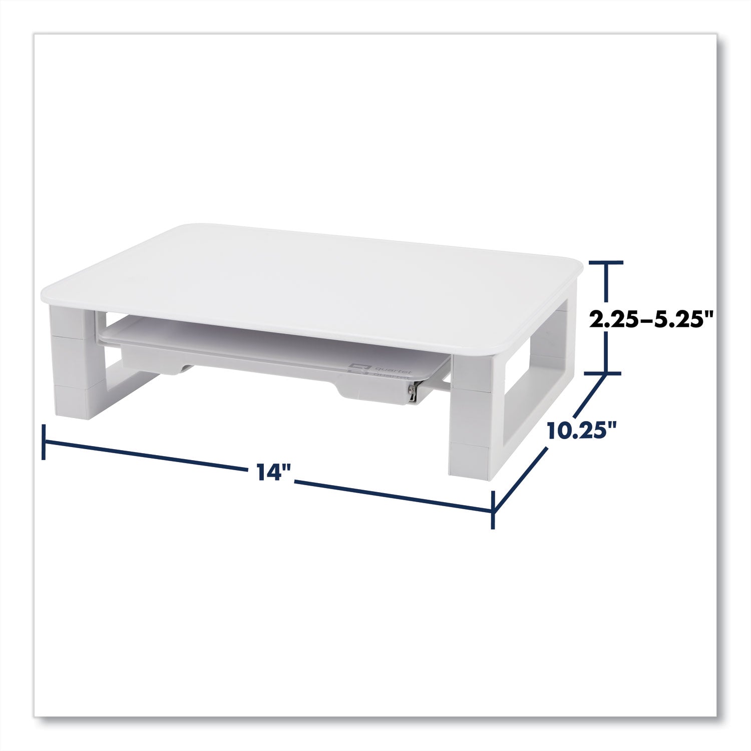 Quartet® Adjustable Height Desktop Glass Monitor Riser with Dry-Erase Board, 14 x 10.25 x 2.5 to 5.25, White, Supports 100 lb