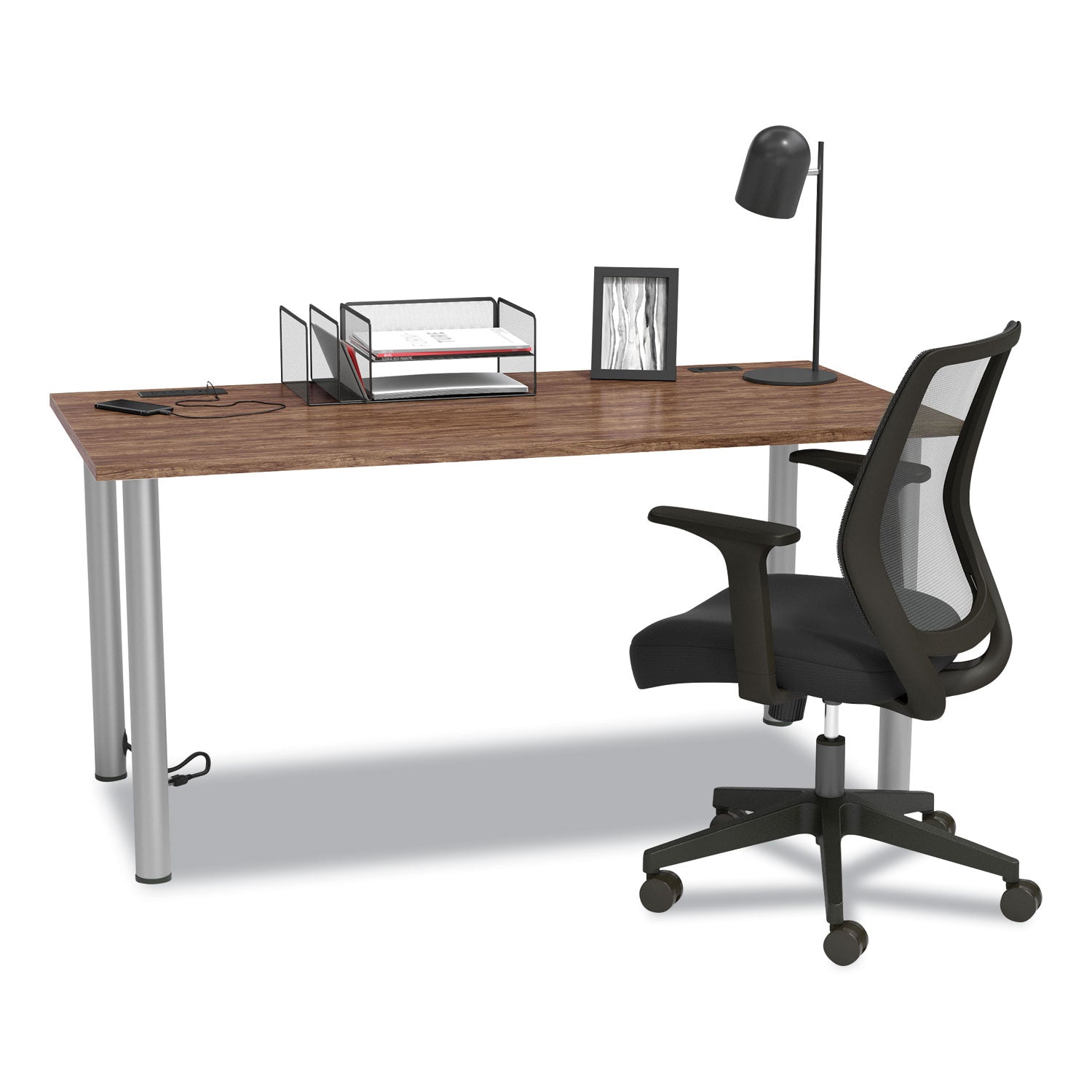 Essentials Writing Table-Desk with Integrated Power Management, 59.7" x 29.3" x 28.8", Espresso/Aluminum Union & Scale™ Flipcost