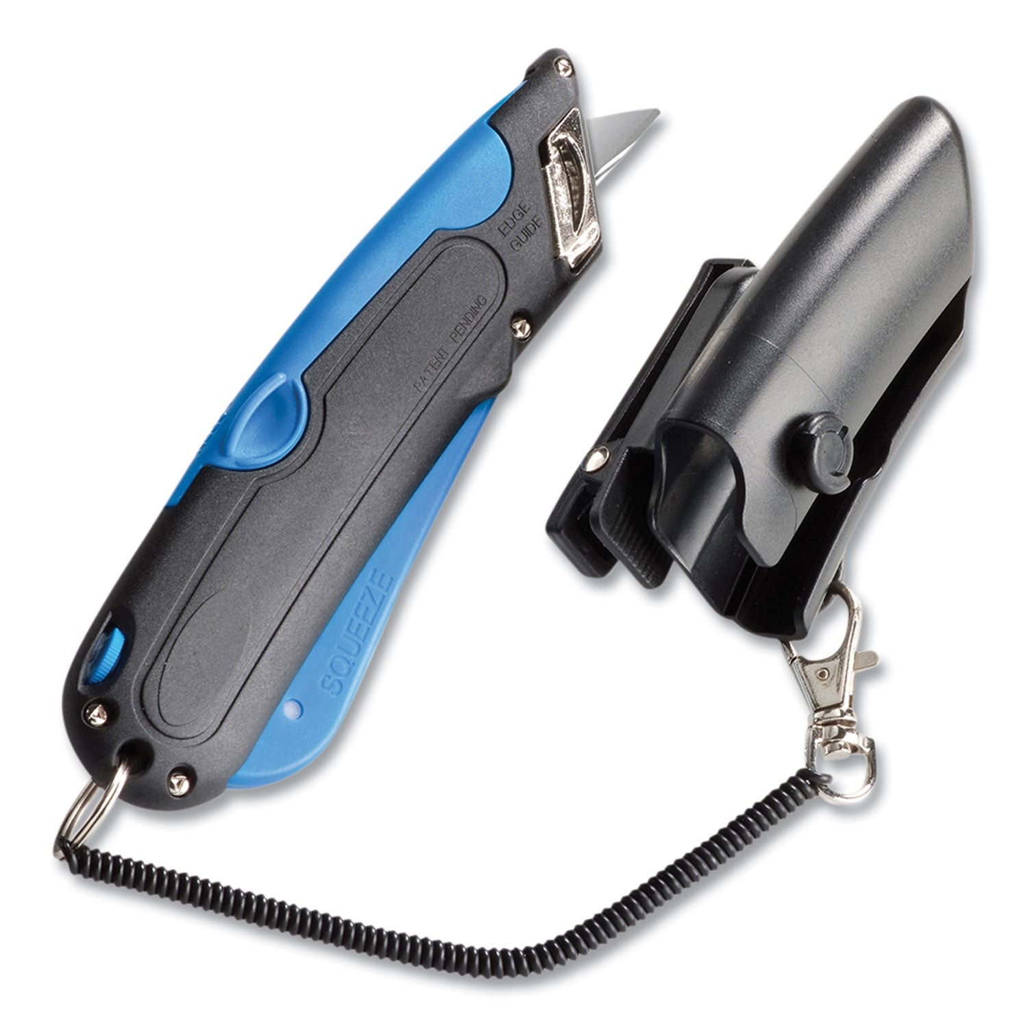 COSCO Easycut Self-Retracting Cutter with Safety-Tip Blade, Holster and Lanyard, 6" Plastic Handle, Black/Blue