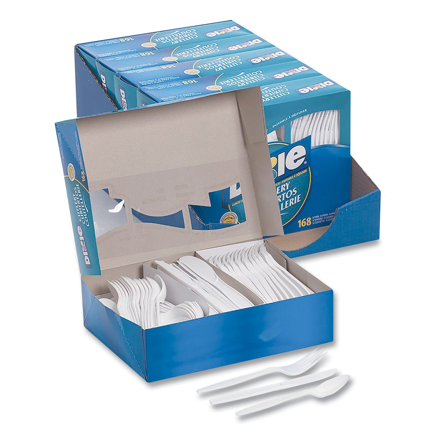 Dixie® Combo Pack, Tray with White Plastic Utensils, 56 Forks, 56 Knives, 56 Spoons, 6 Packs