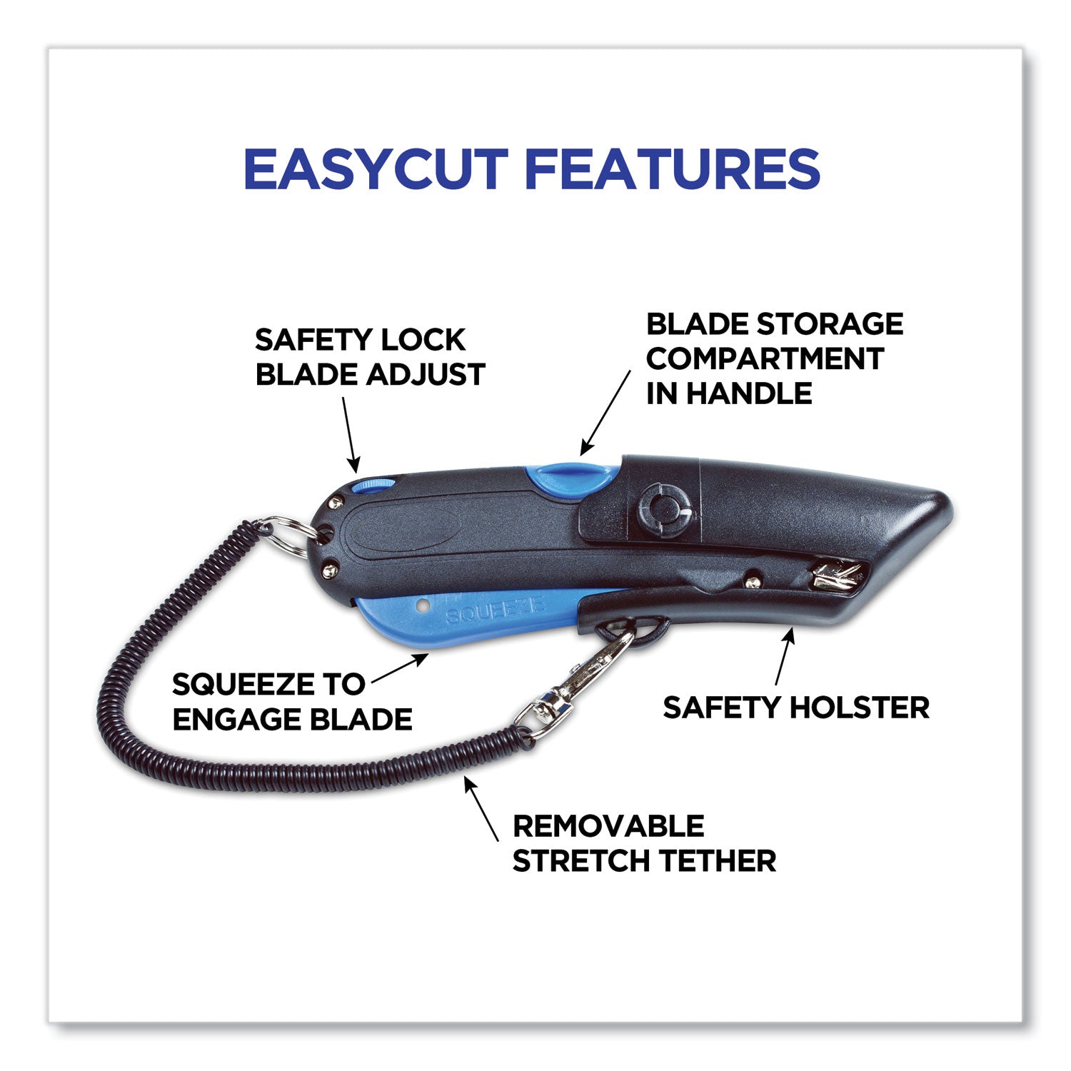 COSCO Easycut Self-Retracting Cutter with Safety-Tip Blade, Holster and Lanyard, 6" Plastic Handle, Black/Blue