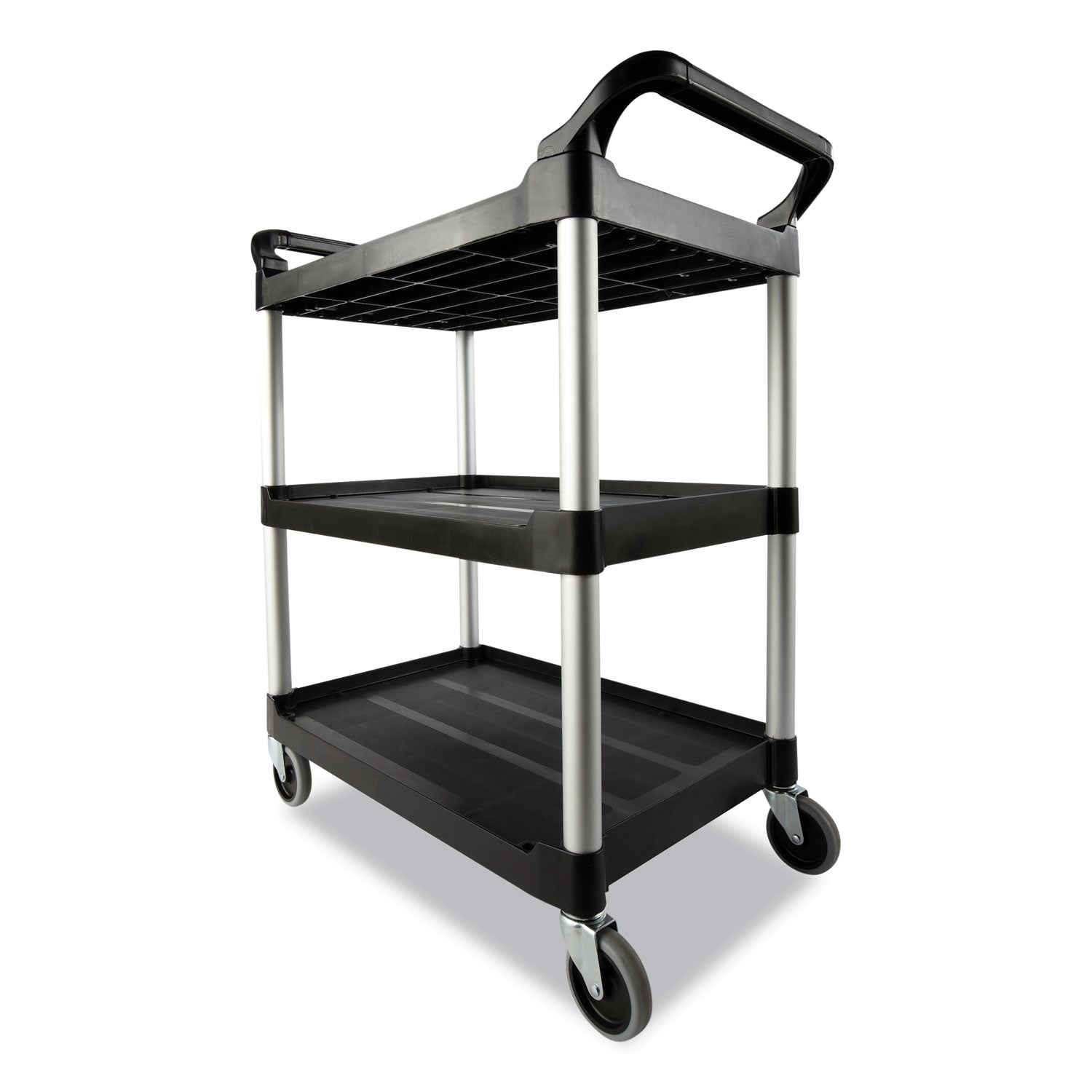 Rubbermaid® Commercial Xtra Utility Cart with Open Sides, Plastic, 3 Shelves, 300 lb Capacity, 40.63" x 20" x 37.81", Black