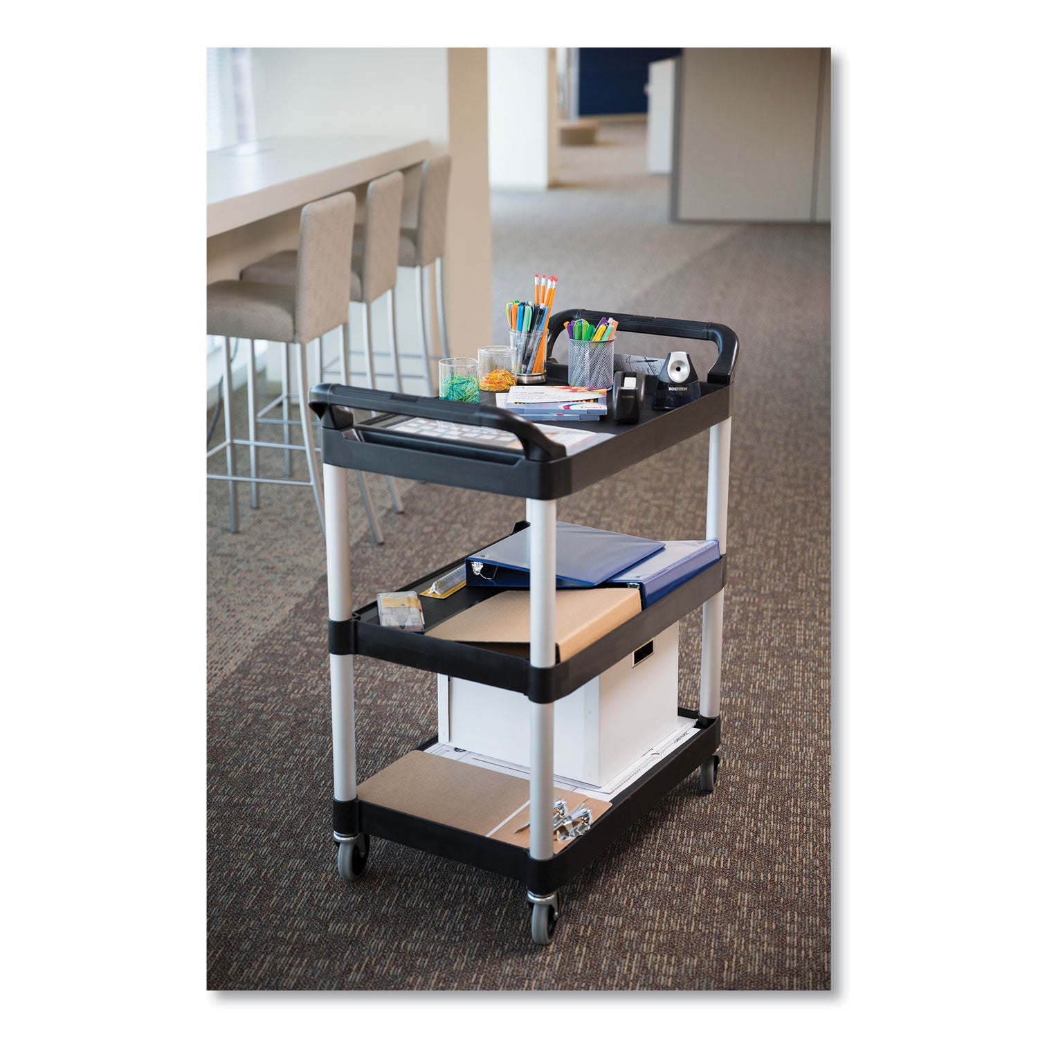 Rubbermaid® Commercial Xtra Utility Cart with Open Sides, Plastic, 3 Shelves, 300 lb Capacity, 40.63" x 20" x 37.81", Black