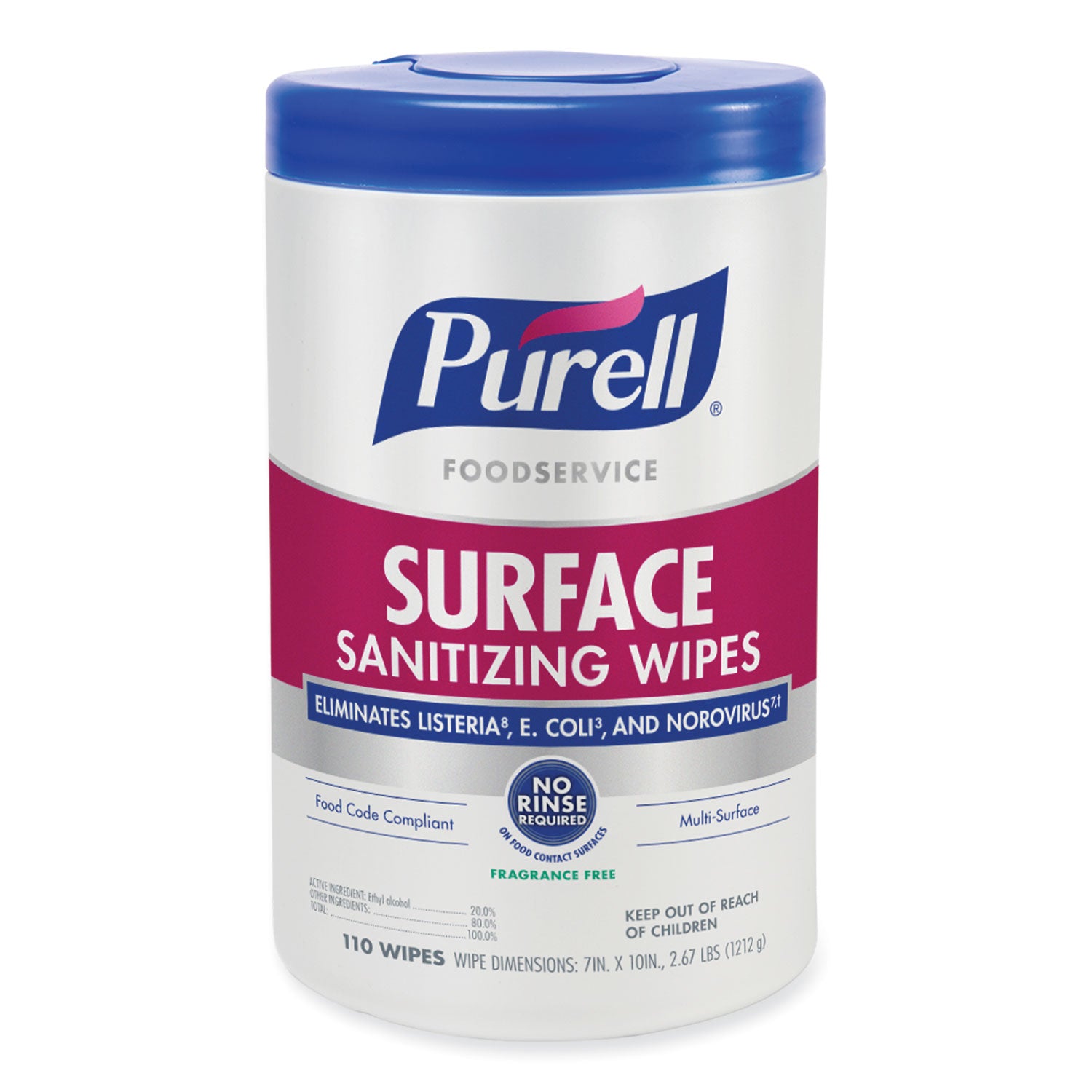 PURELL® Foodservice Surface Sanitizing Wipes, 1-Ply, 10 x 7, Fragrance-Free, White, 110/Canister, 6 Canisters/Carton