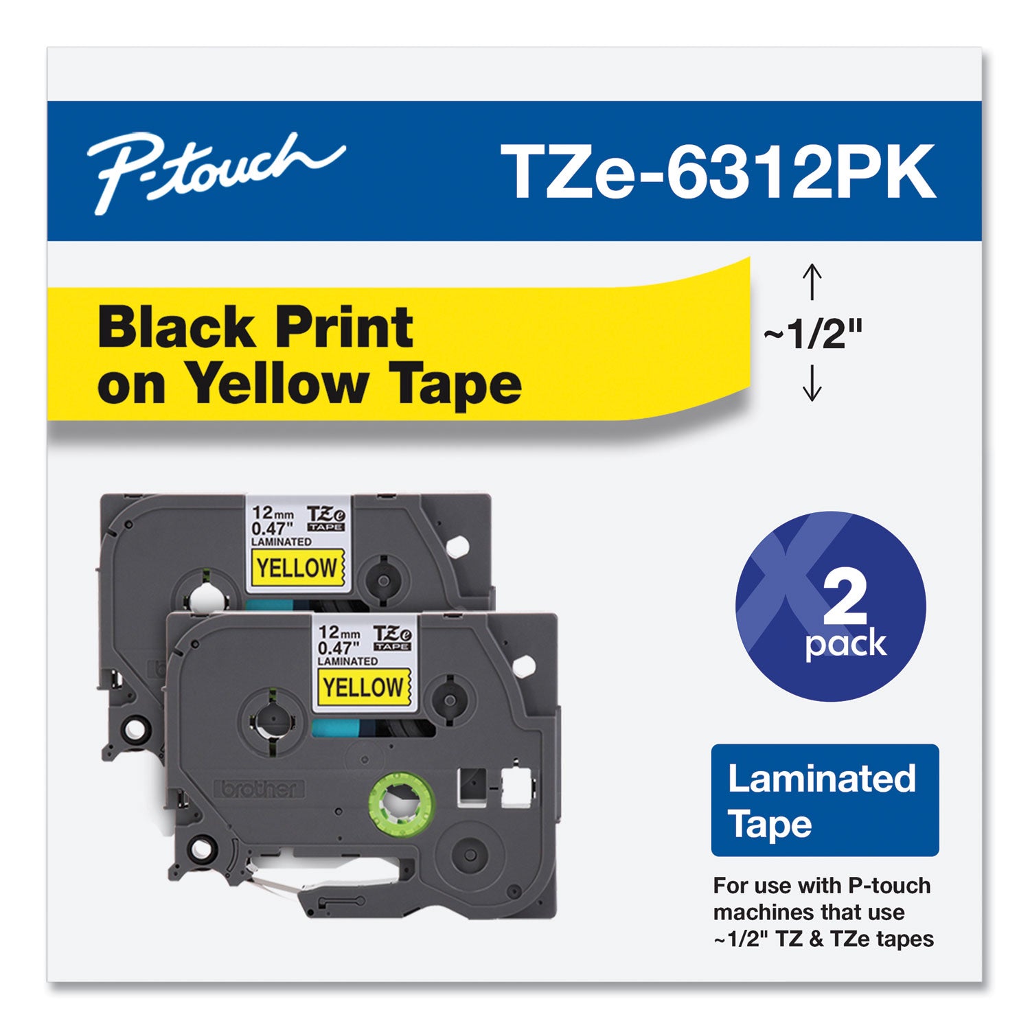 Brother P-Touch® TZe Standard Adhesive Laminated Labeling Tape, 0.47" x 26.2 ft, Black on Yellow, 2/Pack