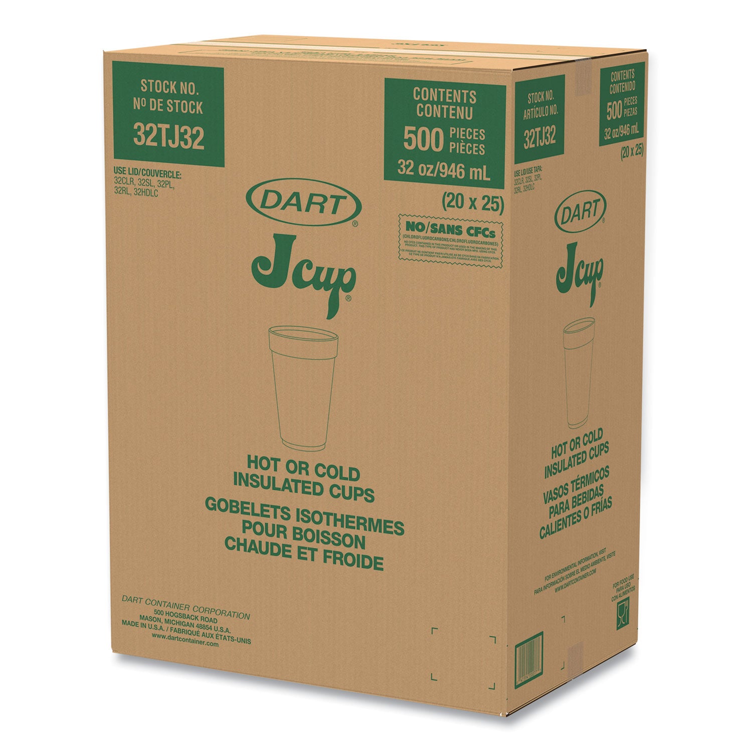 Dart® Foam Drink Cups, 32 oz, White, 25/Bag, 20 Bags/Carton