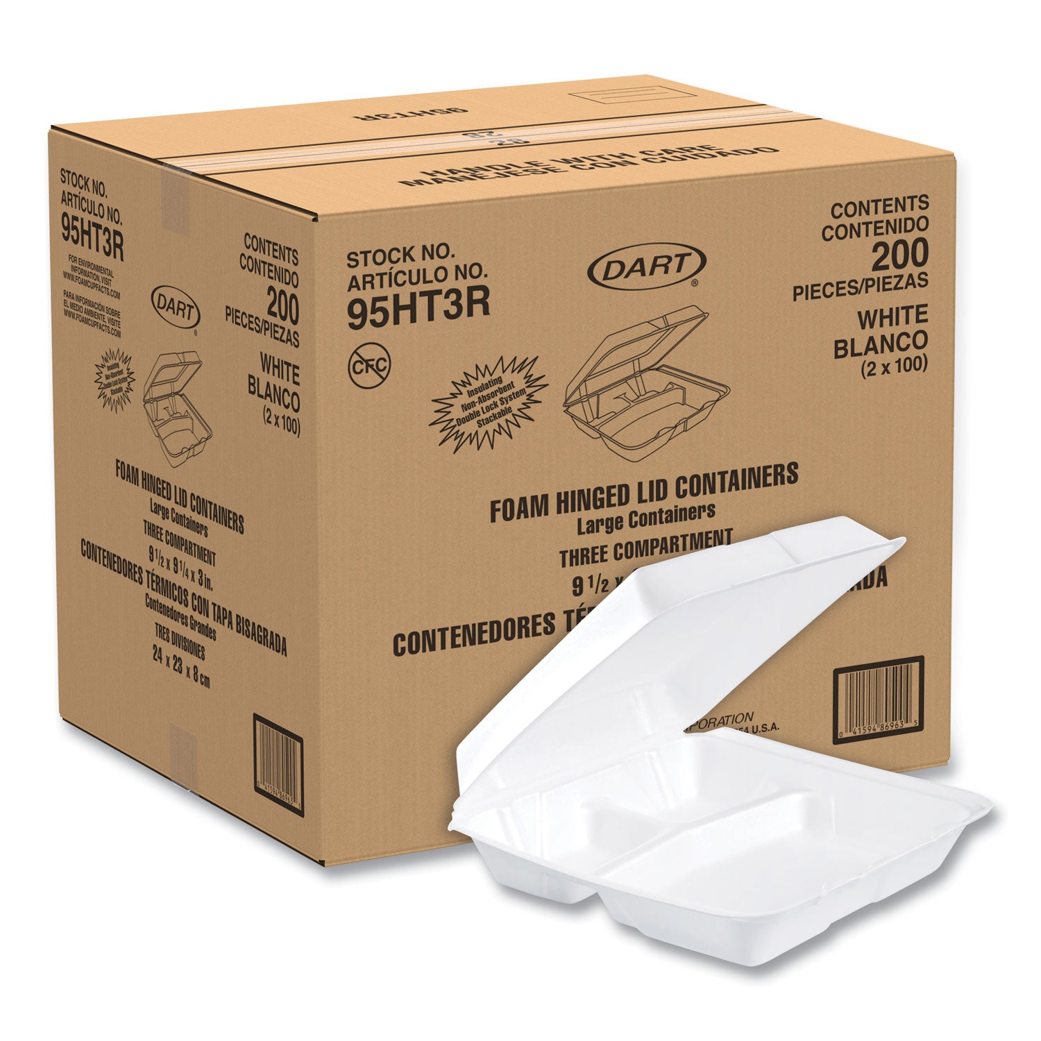 Foam Hinged Lid Containers, 3-Compartment, 9.25 x 9.5 x 3, White, 200/Carton Dart® Flipcost