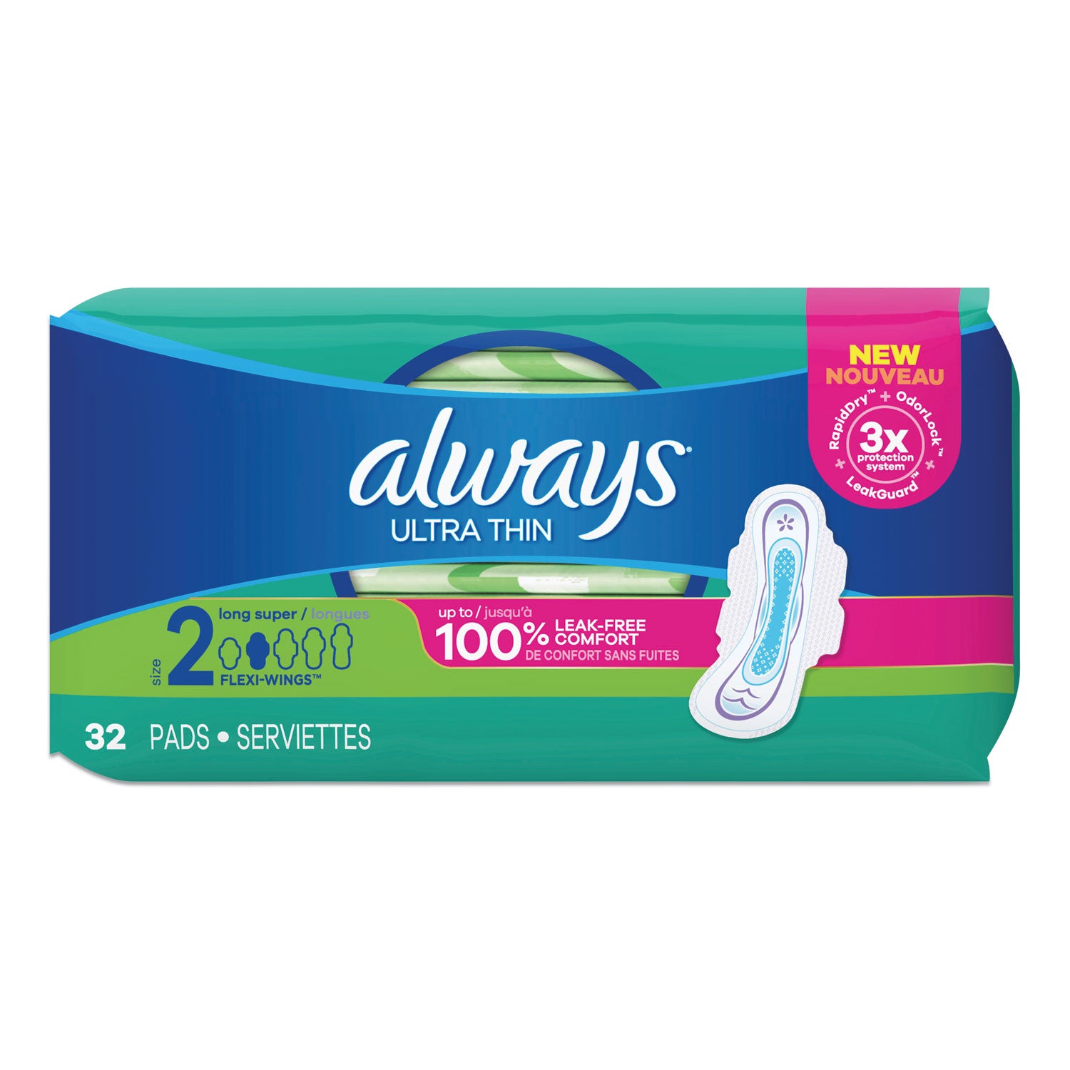 Always® Ultra Thin Pads with Wings, Size 2, Long, Super Absorbent, 32/Pack