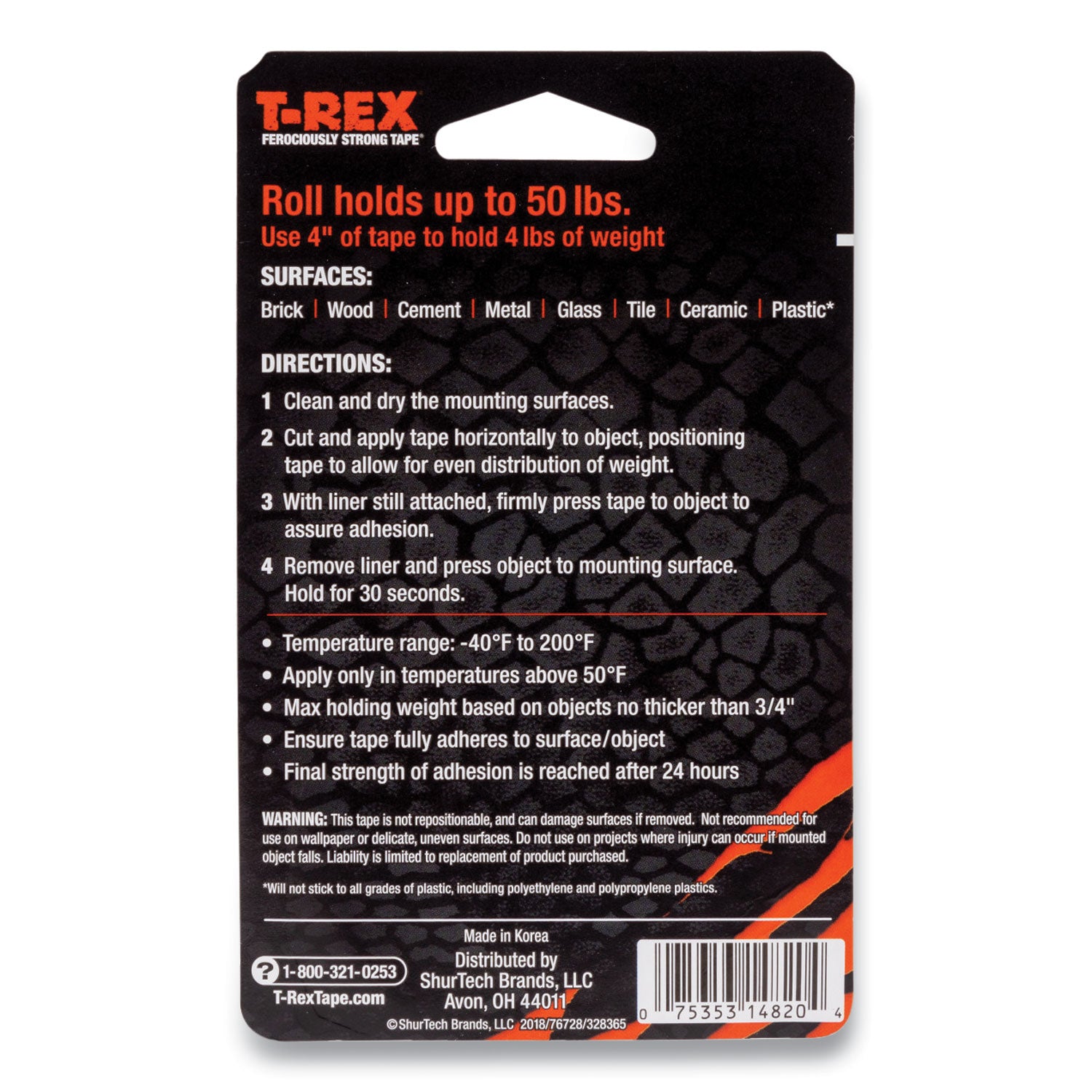 T-REX® Extreme Hold Mounting Tape, 1.5" Core, 1" x 1.66 yds, Black