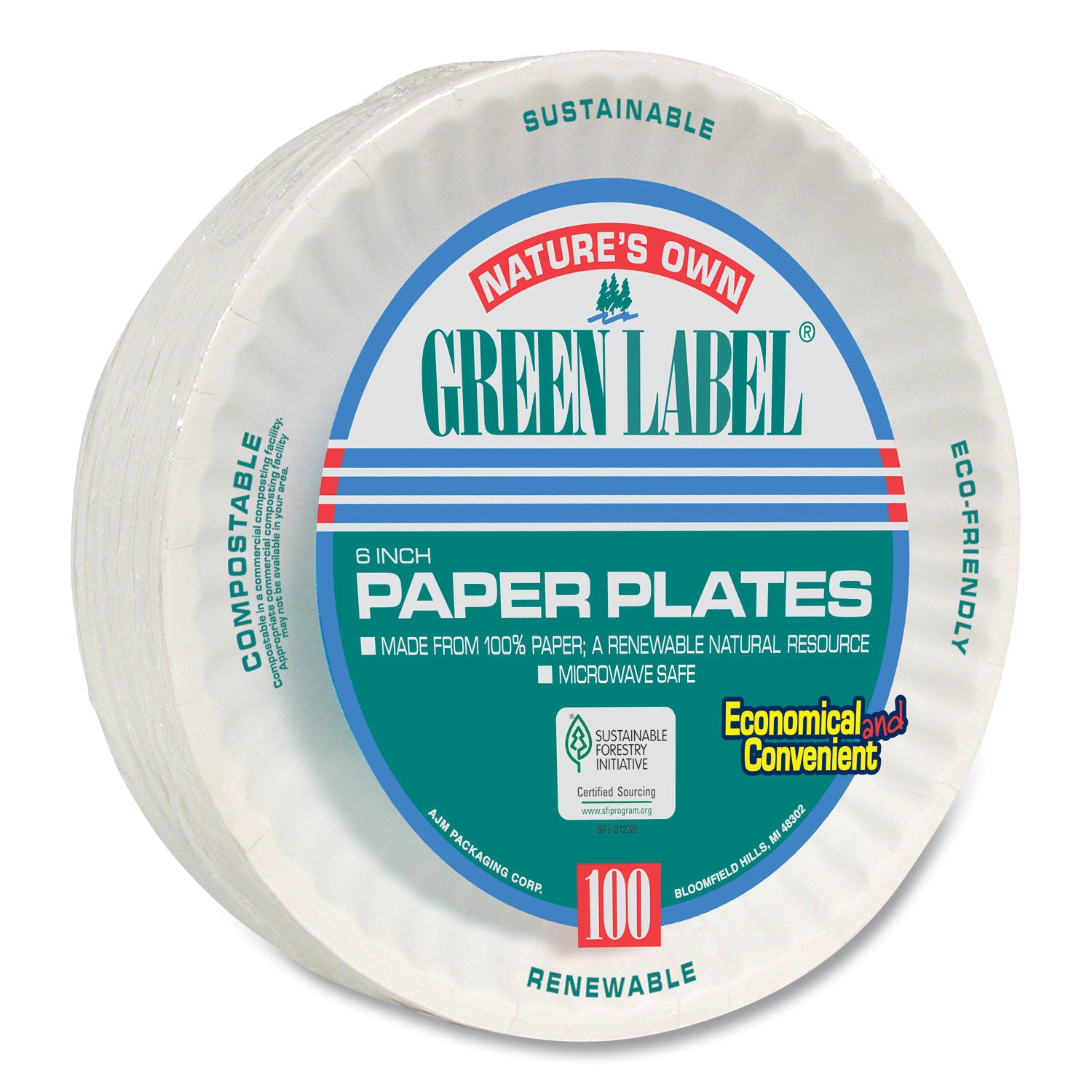 AJM Packaging Corporation White Paper Plates, 6" dia, 100/Pack, 10 Packs/Carton