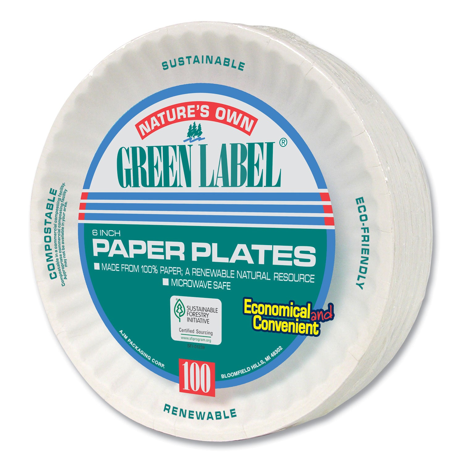 AJM Packaging Corporation White Paper Plates, 6" dia, 100/Pack, 10 Packs/Carton